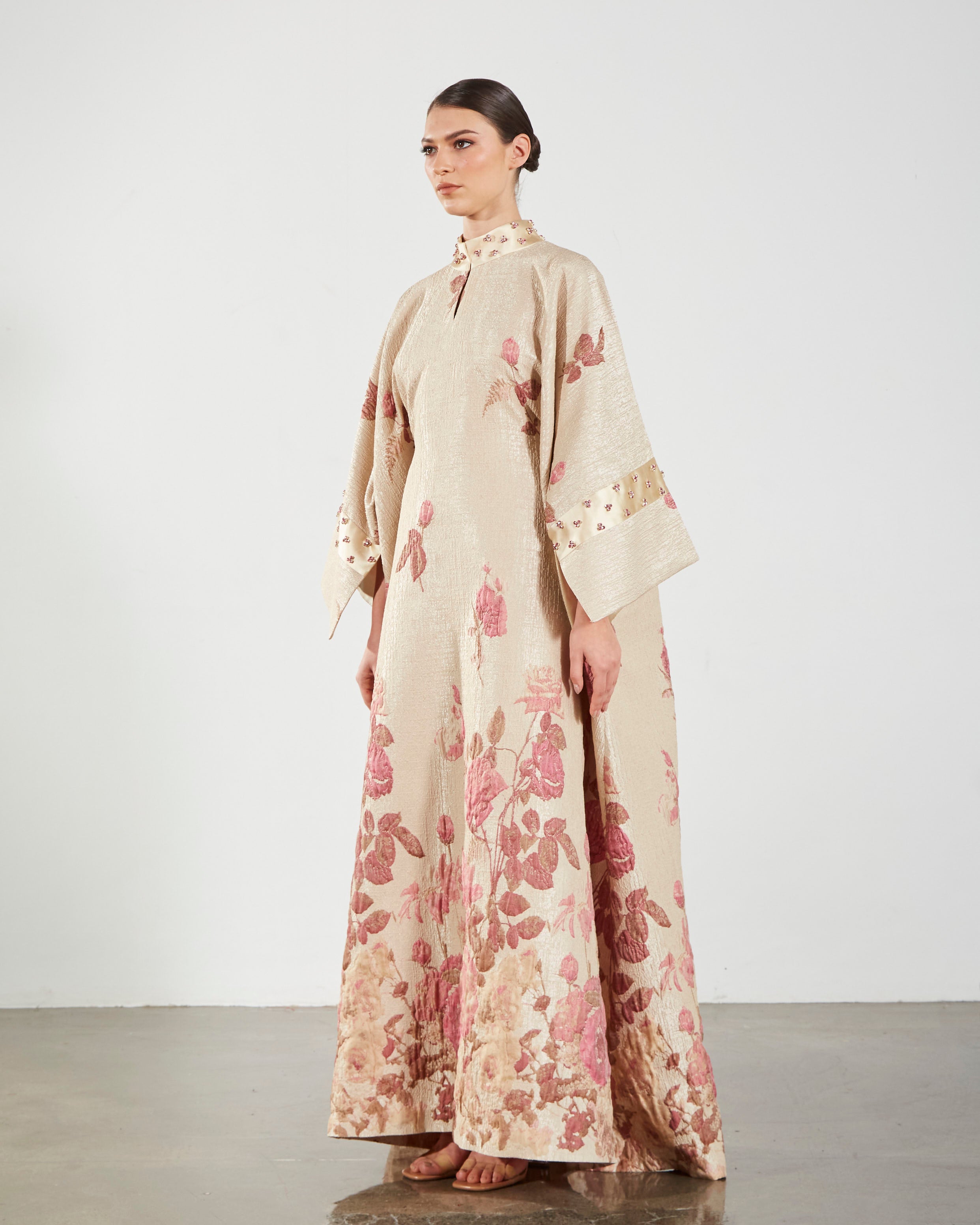 Brocade Embellished Rose Kaftan - Pink