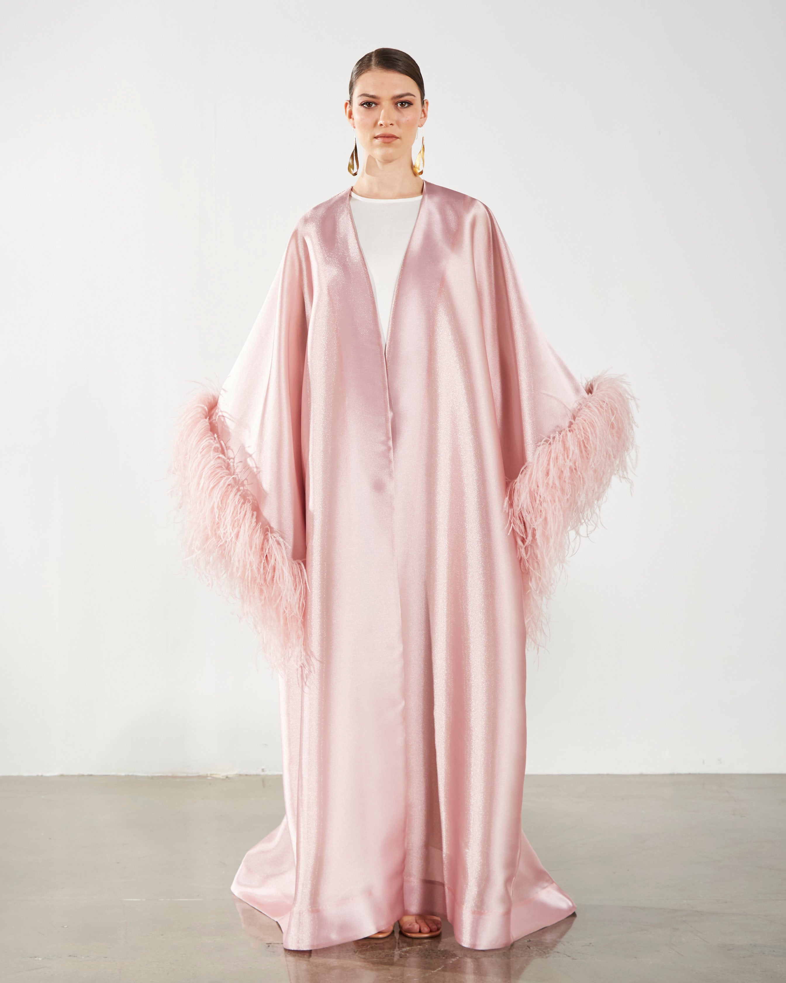 Feather Trimmed Embellished Kaftan-Abaya - Pink