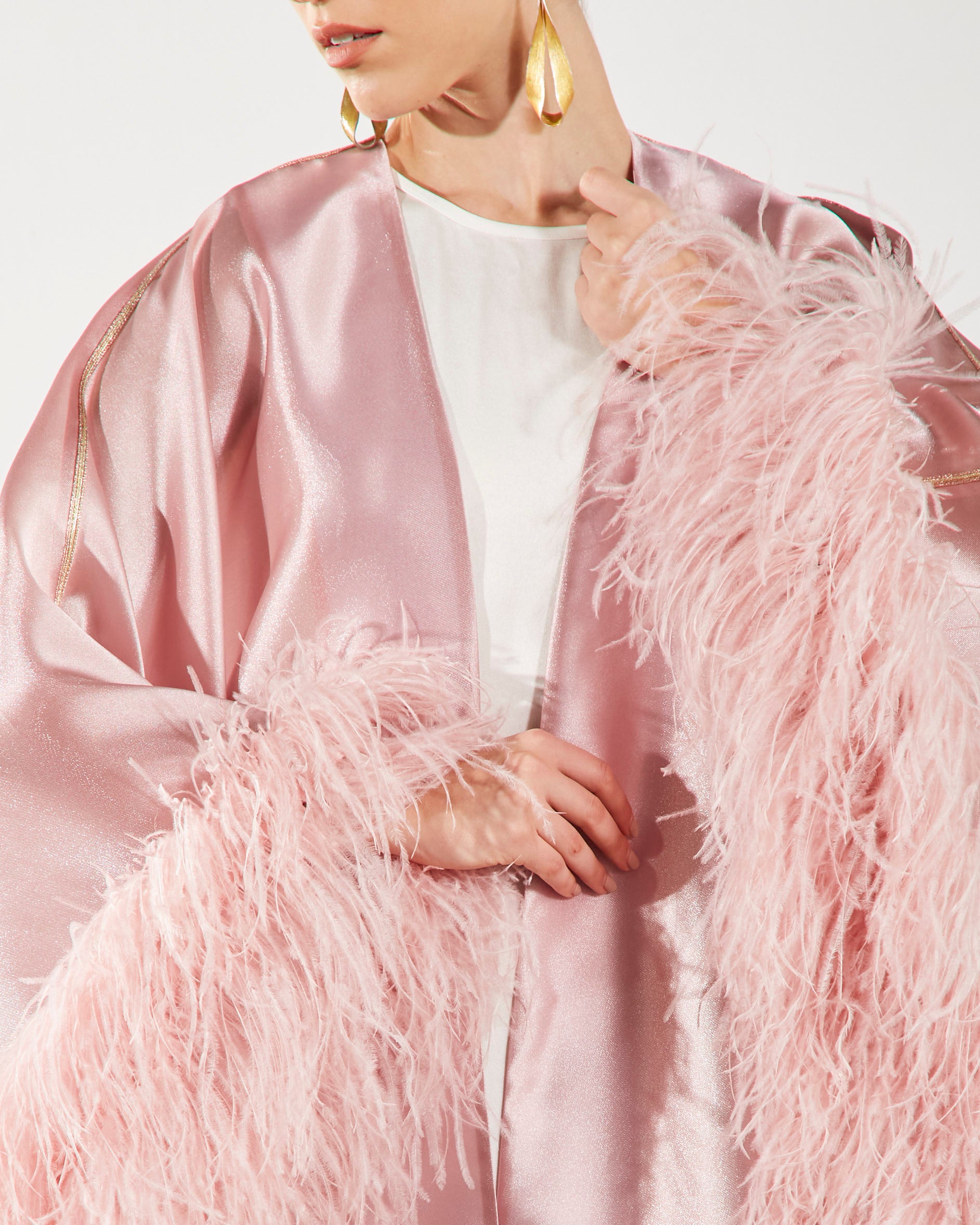 Feather Trimmed Embellished Kaftan-Abaya - Pink