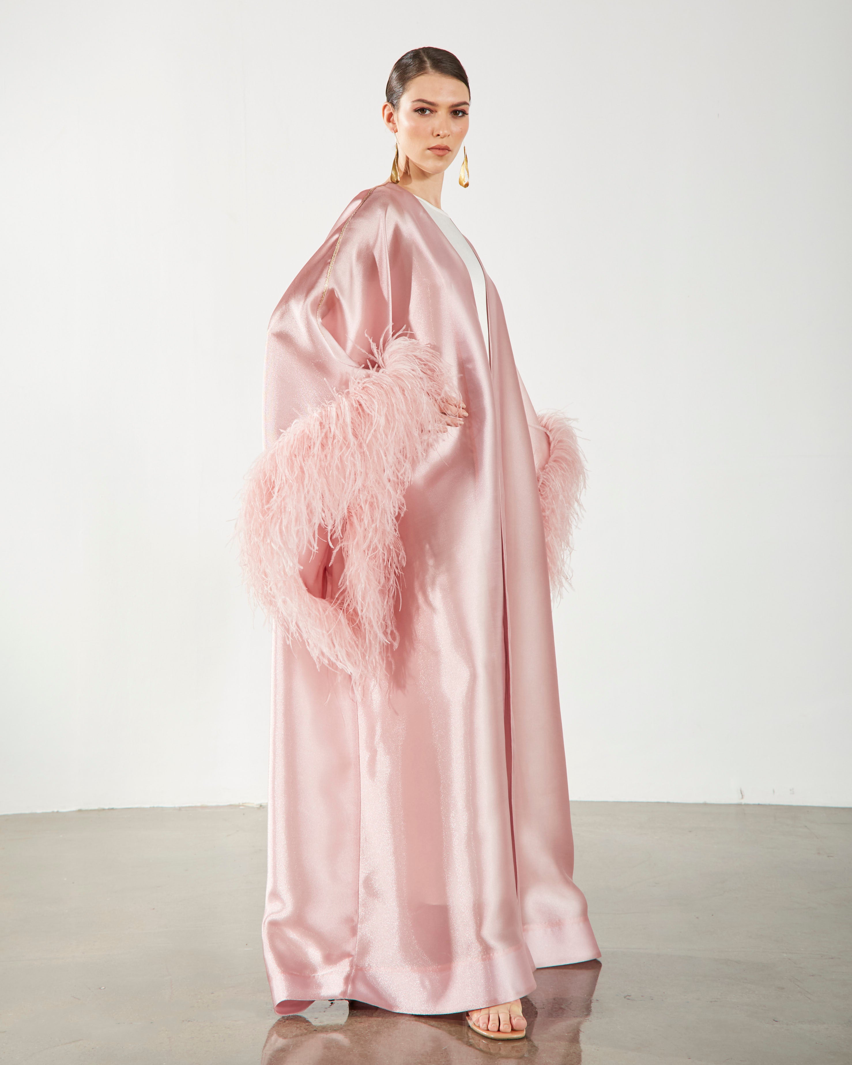 Feather Trimmed Embellished Kaftan-Abaya - Pink