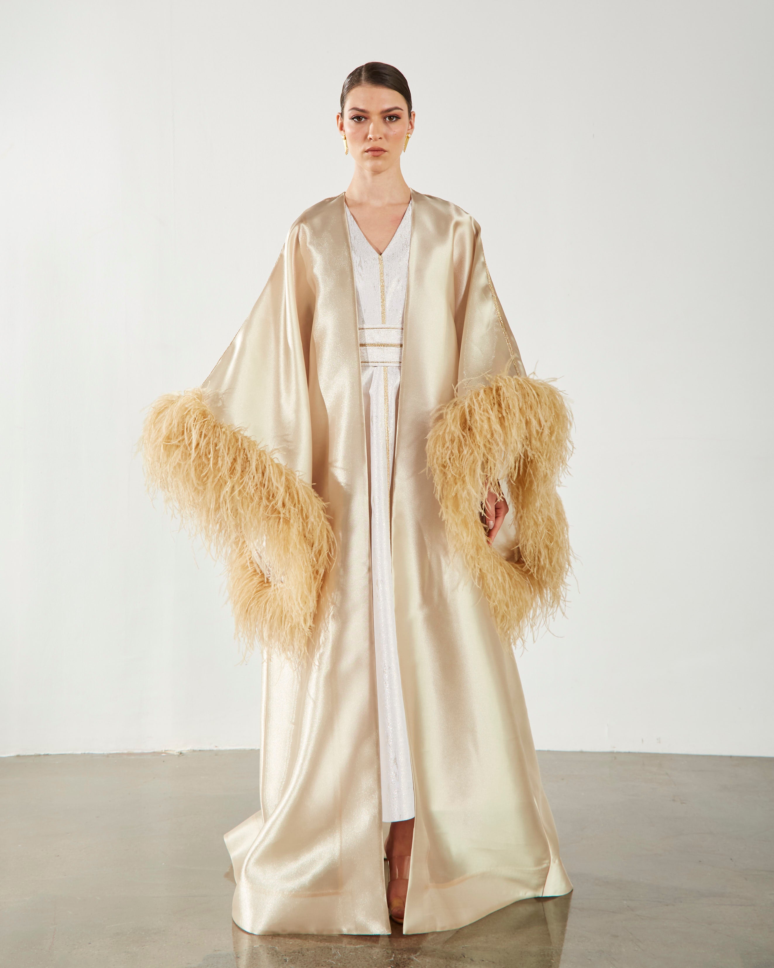 Feather Trimmed Embellished Kaftan-Abaya