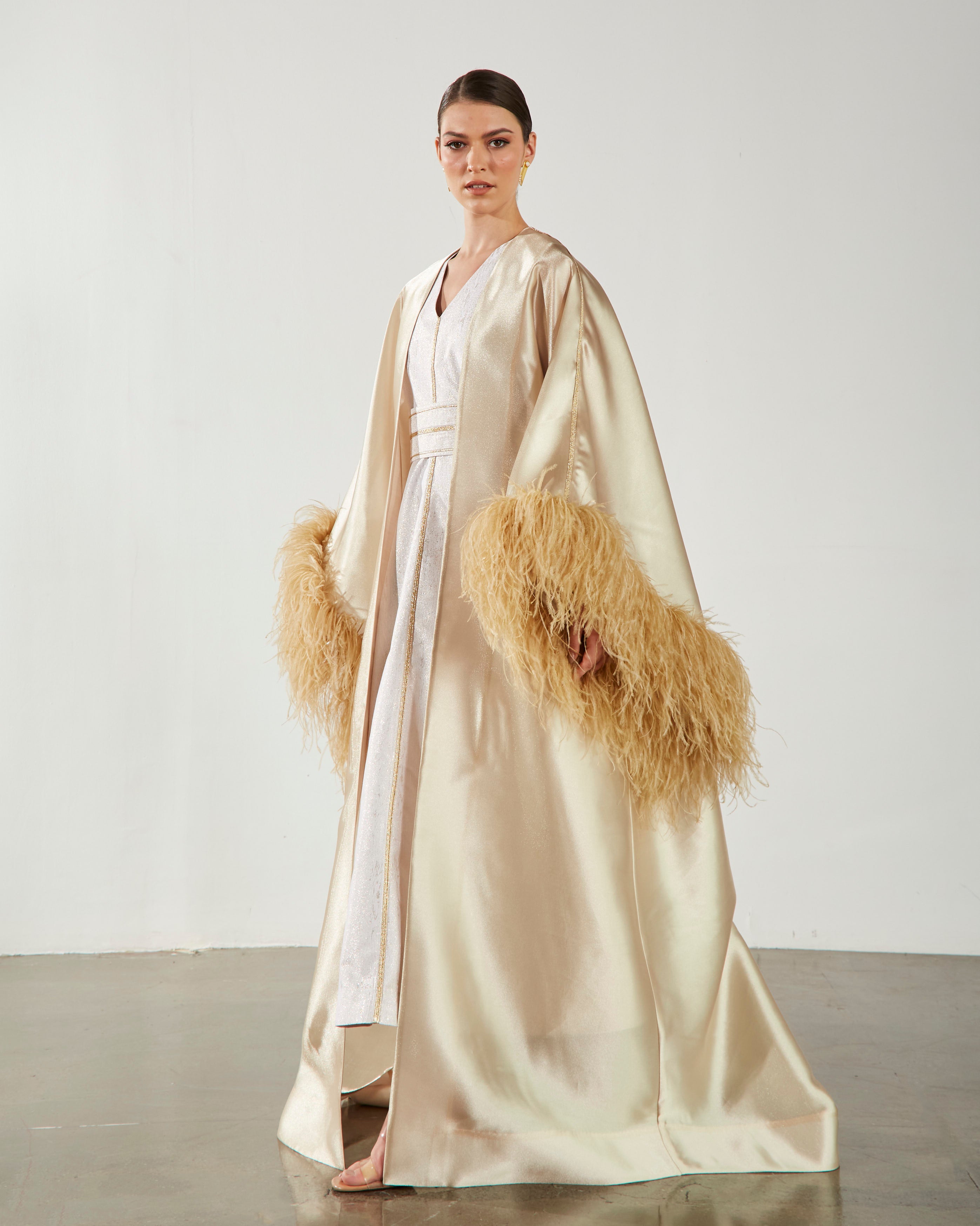 Feather Trimmed Embellished Kaftan-Abaya