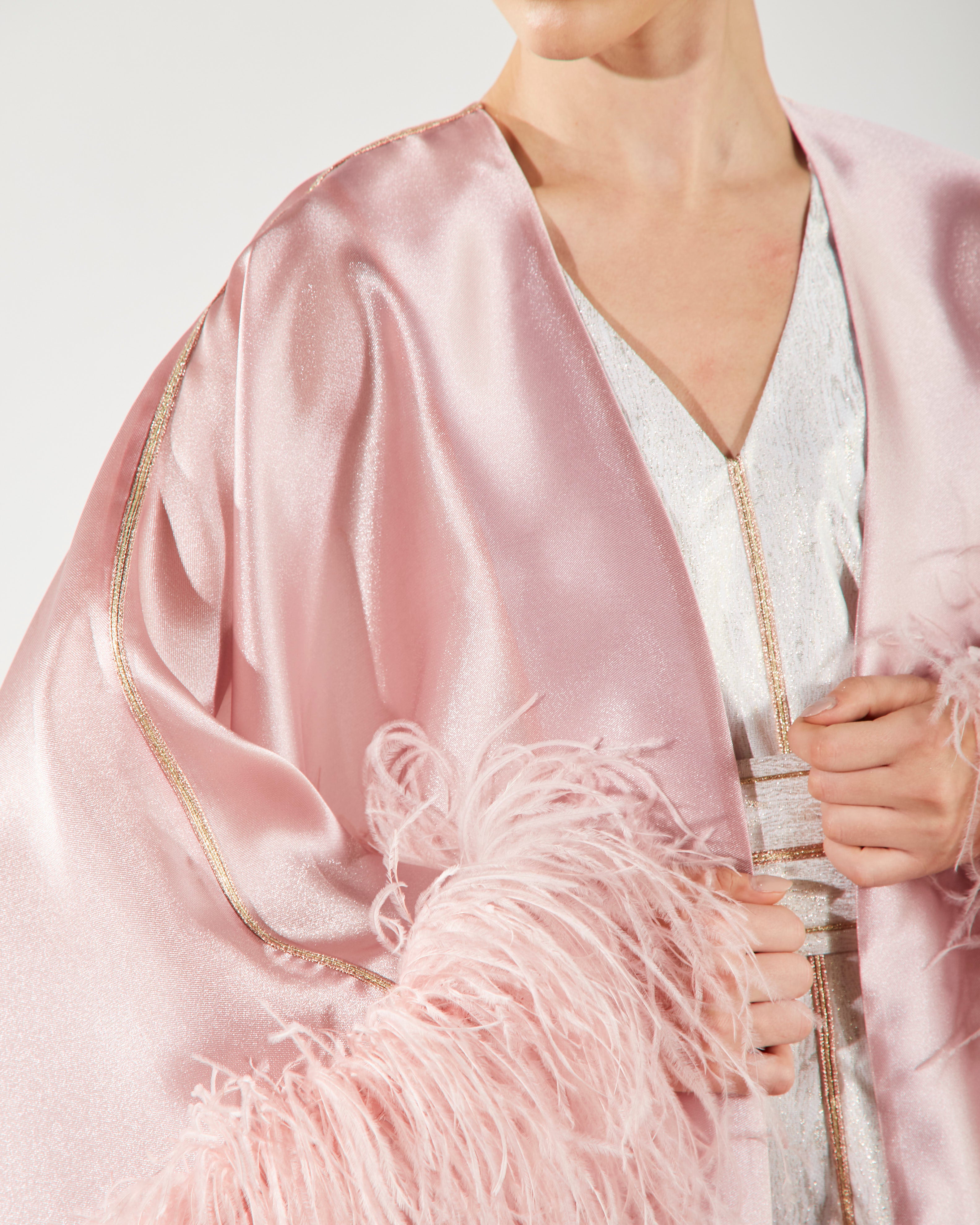 Feather Trimmed Embellished Kaftan-Abaya - Pink