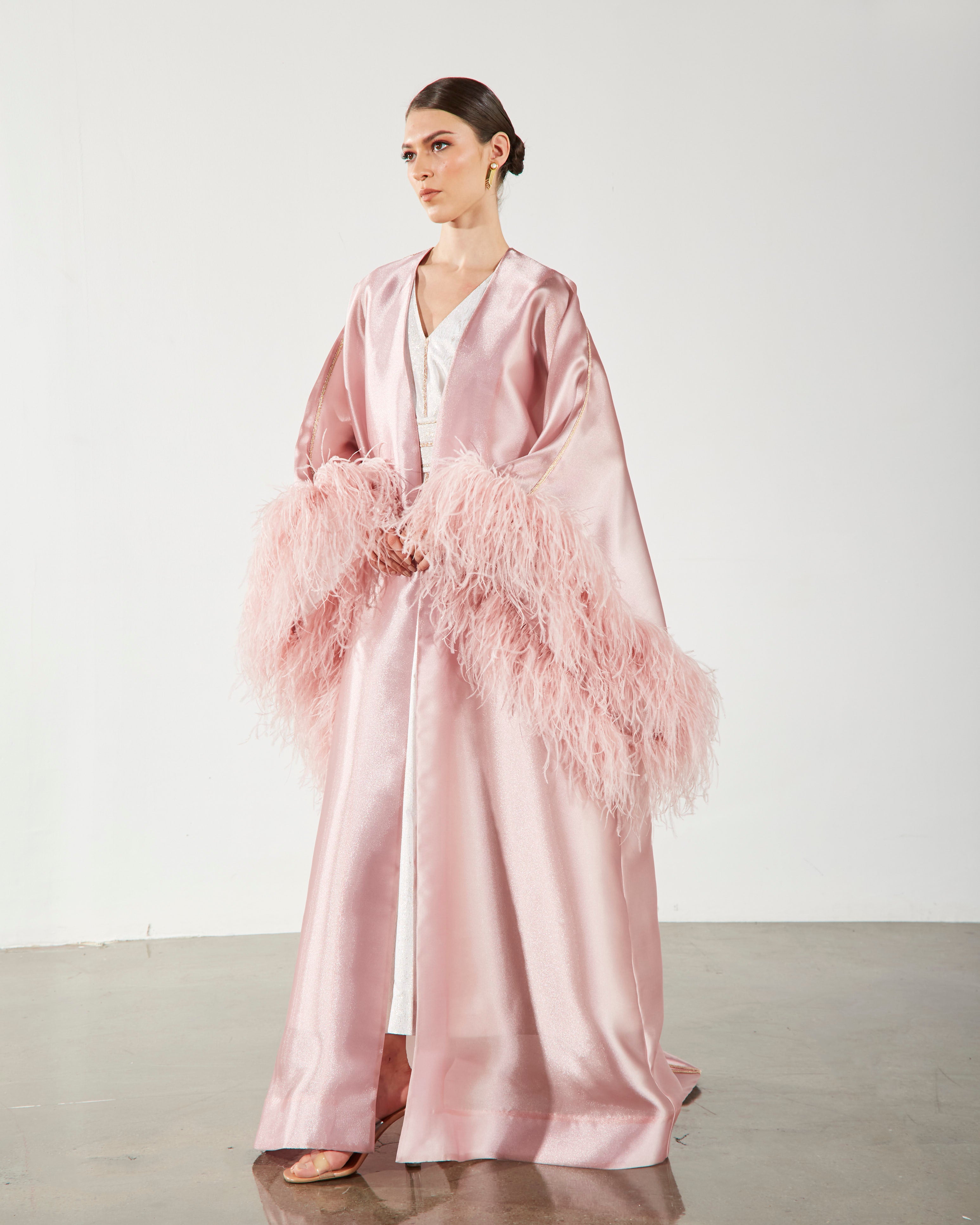 Feather Trimmed Embellished Kaftan-Abaya - Pink