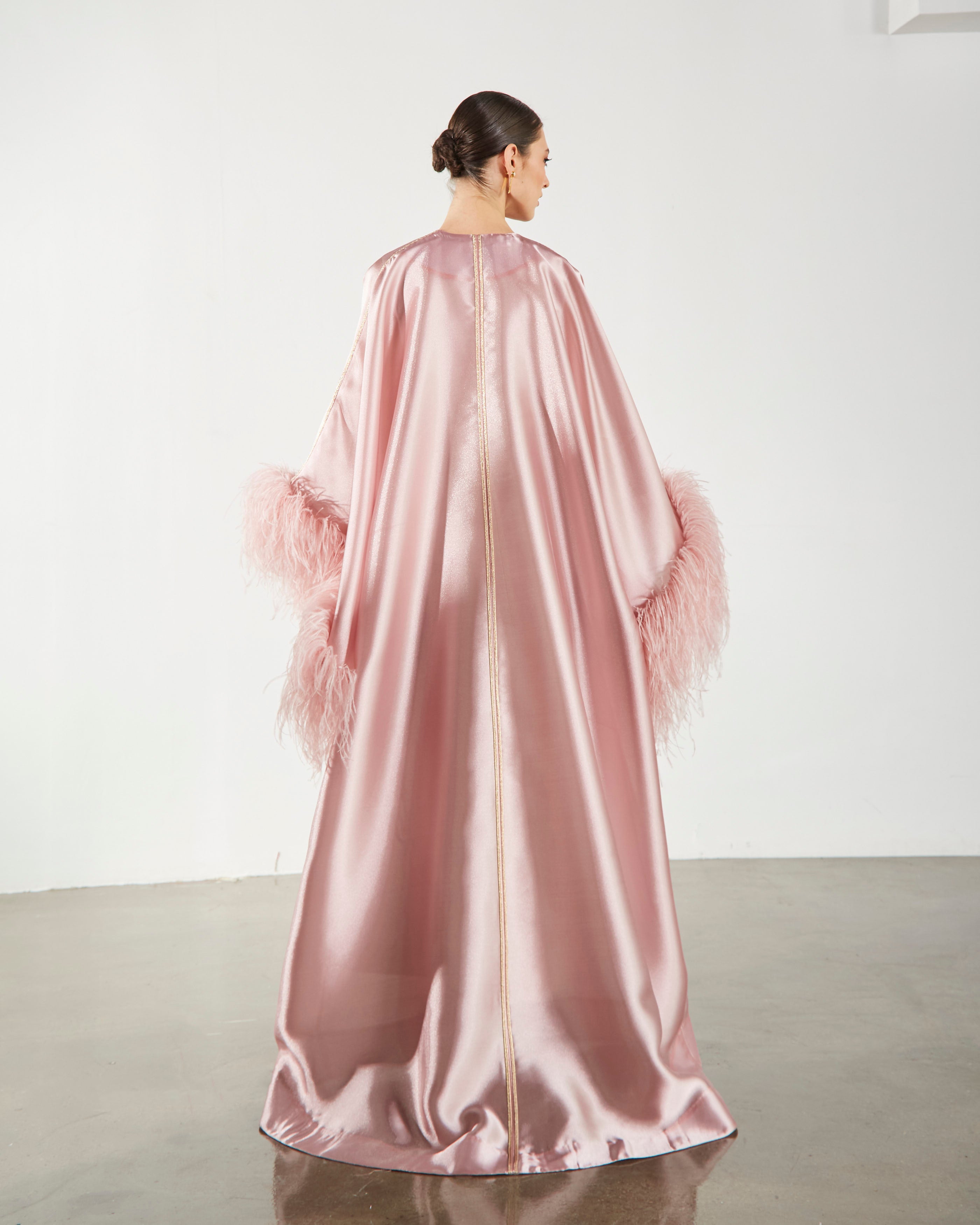 Feather Trimmed Embellished Kaftan-Abaya - Pink