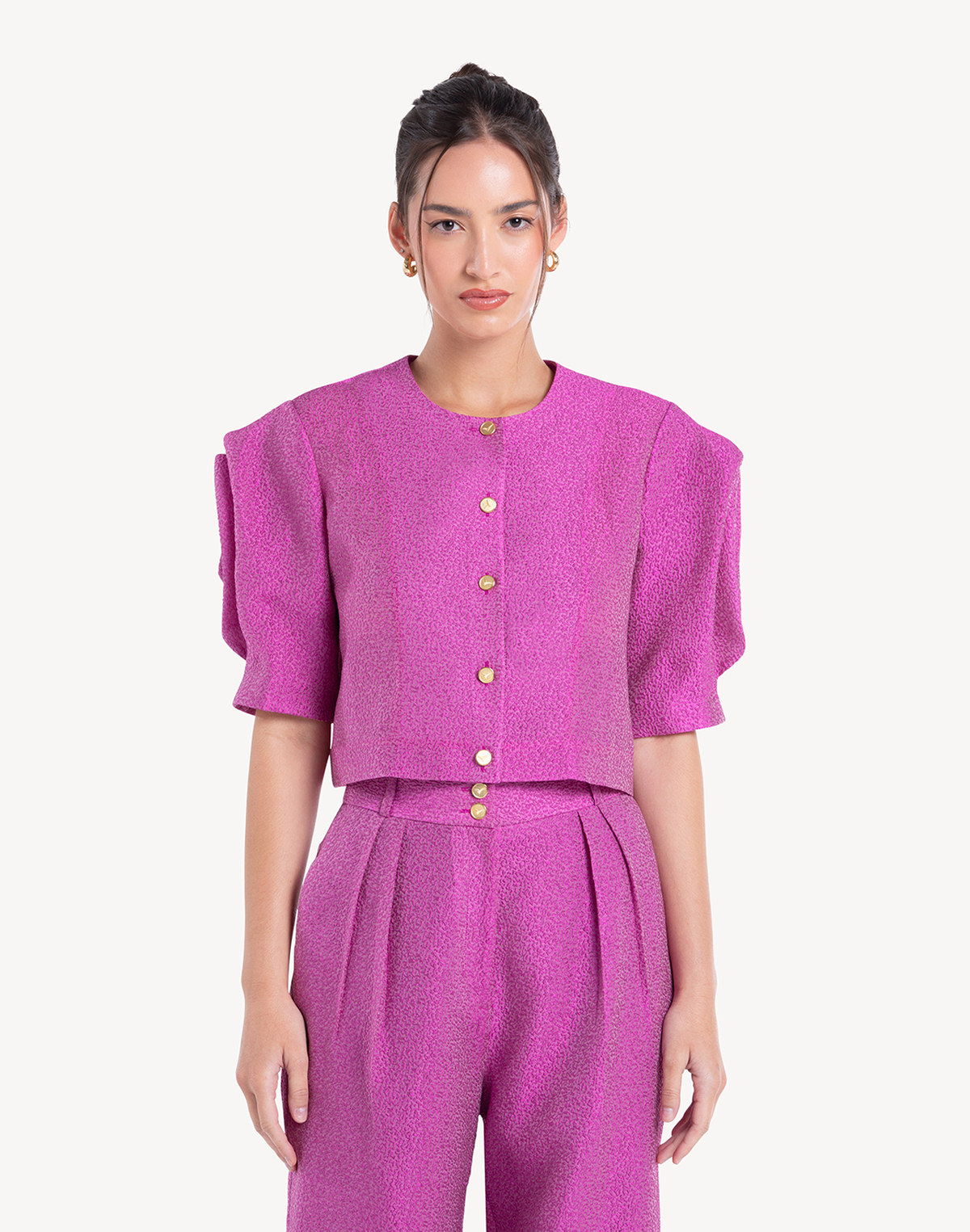 Silk Brocade Floral Draped Sleeve Blouse