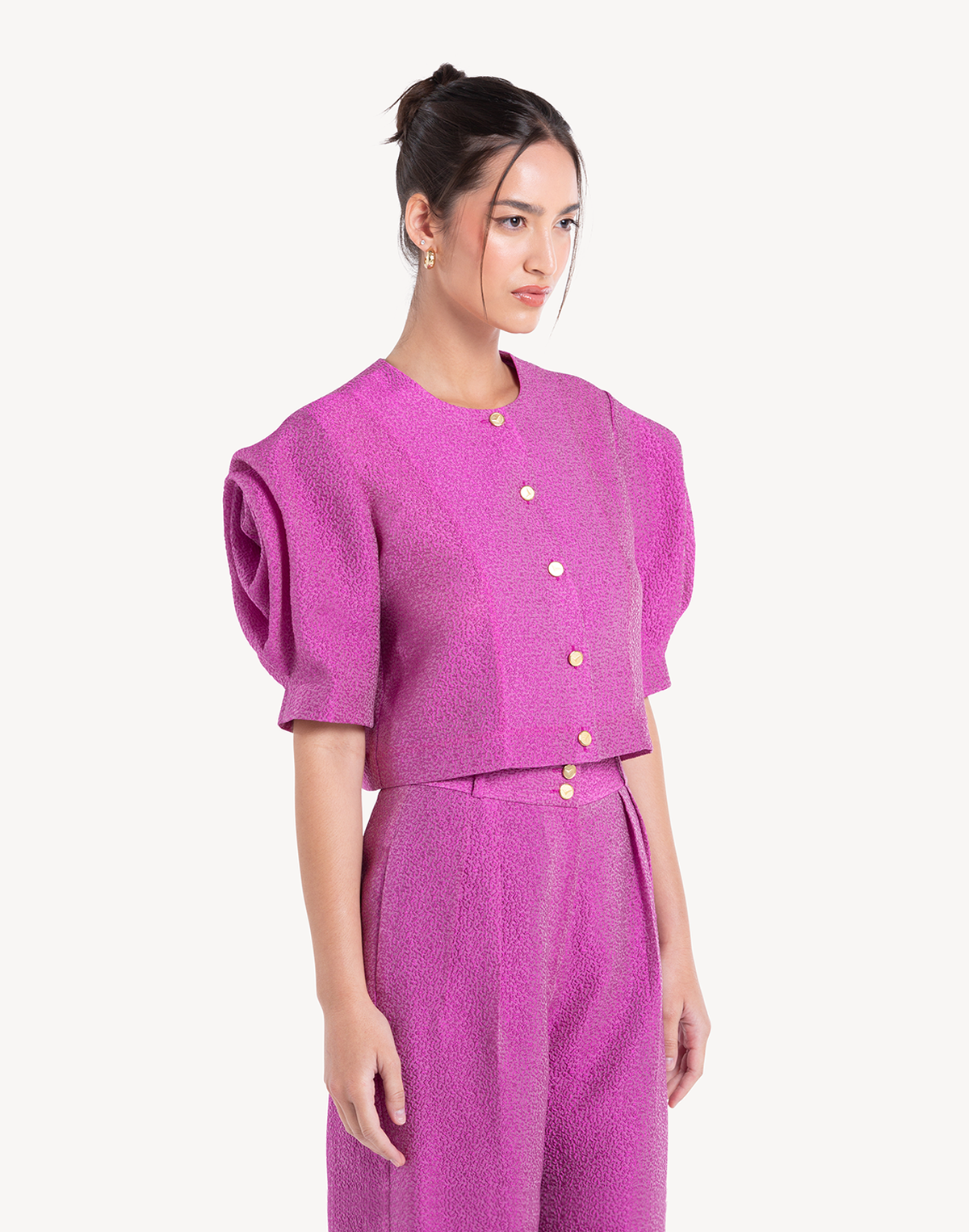 Silk Brocade Floral Draped Sleeve Blouse