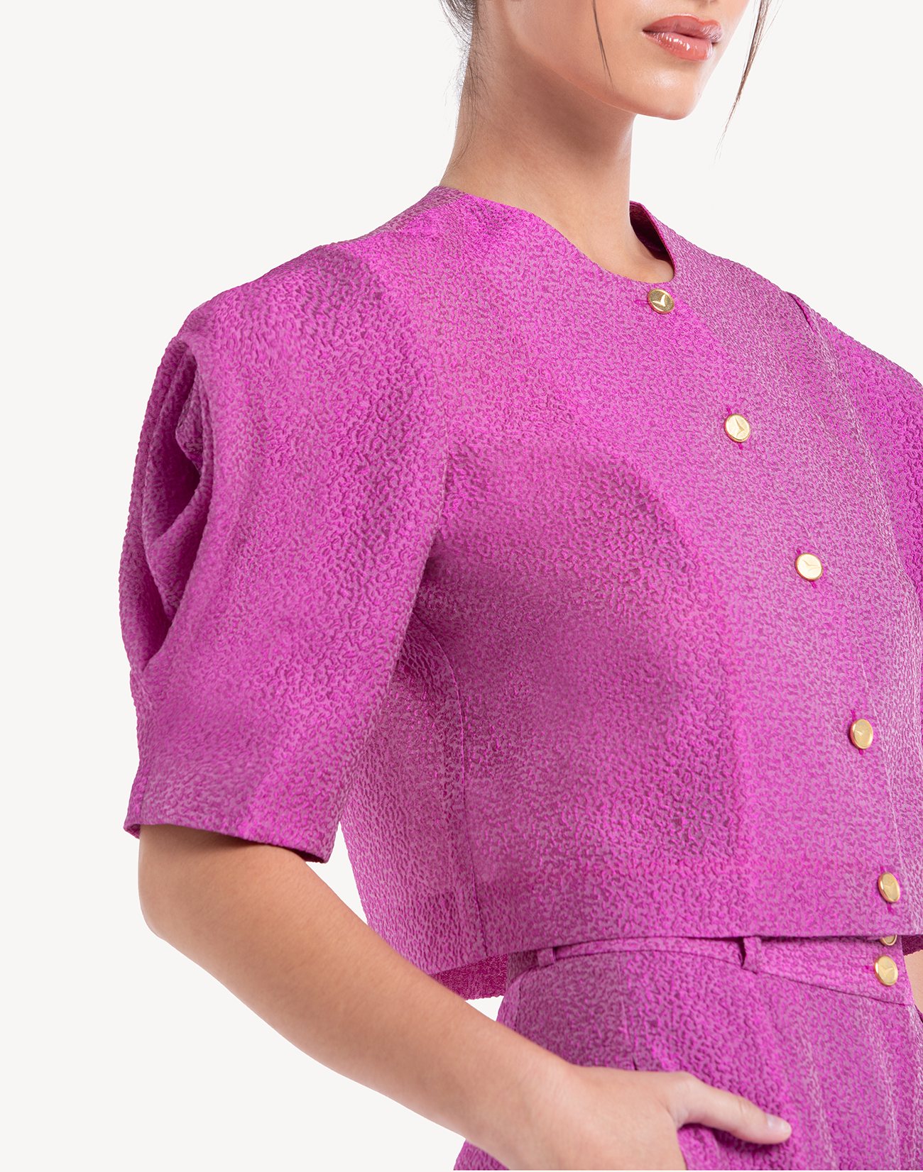 Silk Brocade Floral Draped Sleeve Blouse
