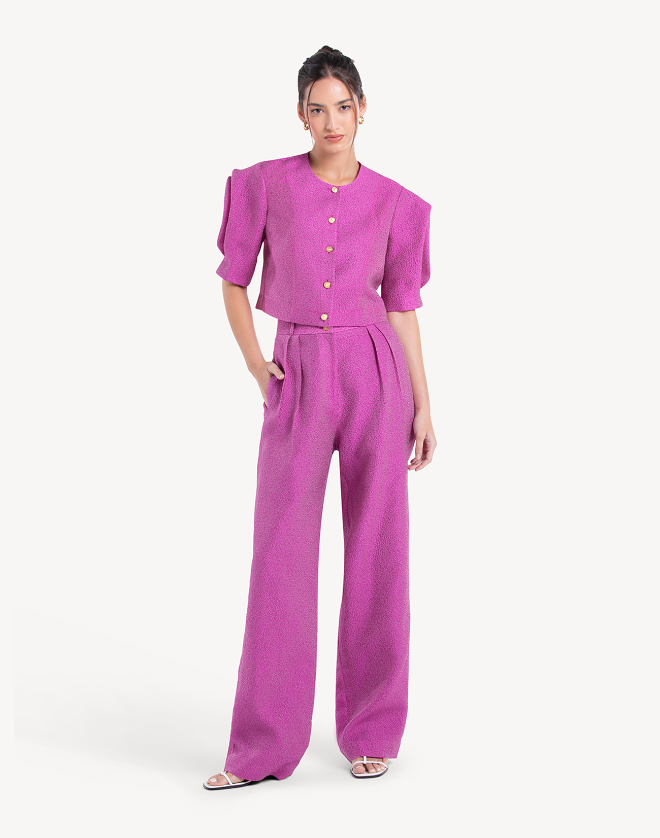 Silk Brocade Floral Draped Sleeves Top