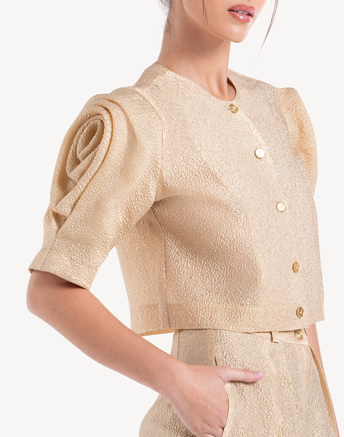 Silk Brocade Floral Draped Sleeve Blouse