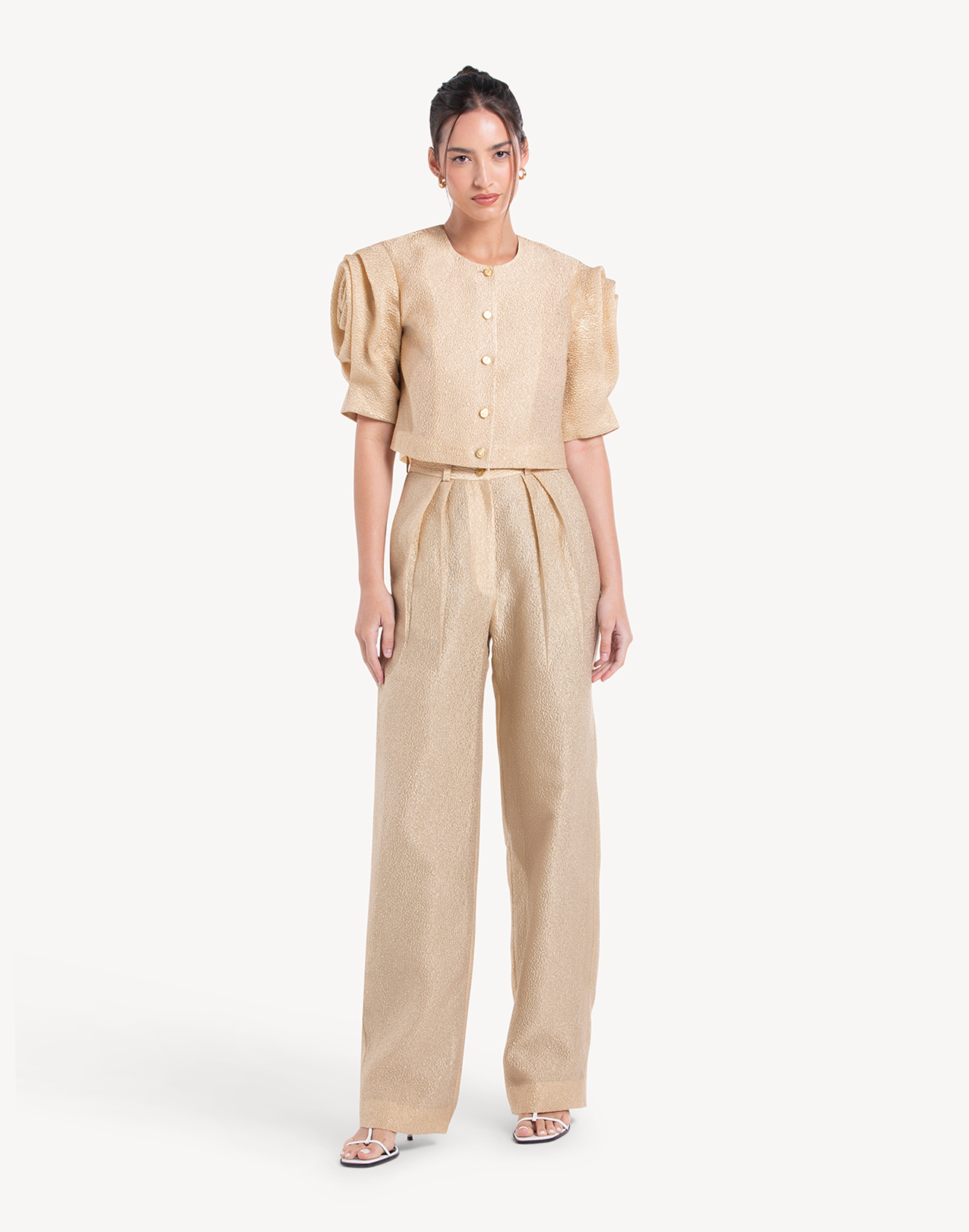 Silk Brocade Floral Draped Sleeves Top