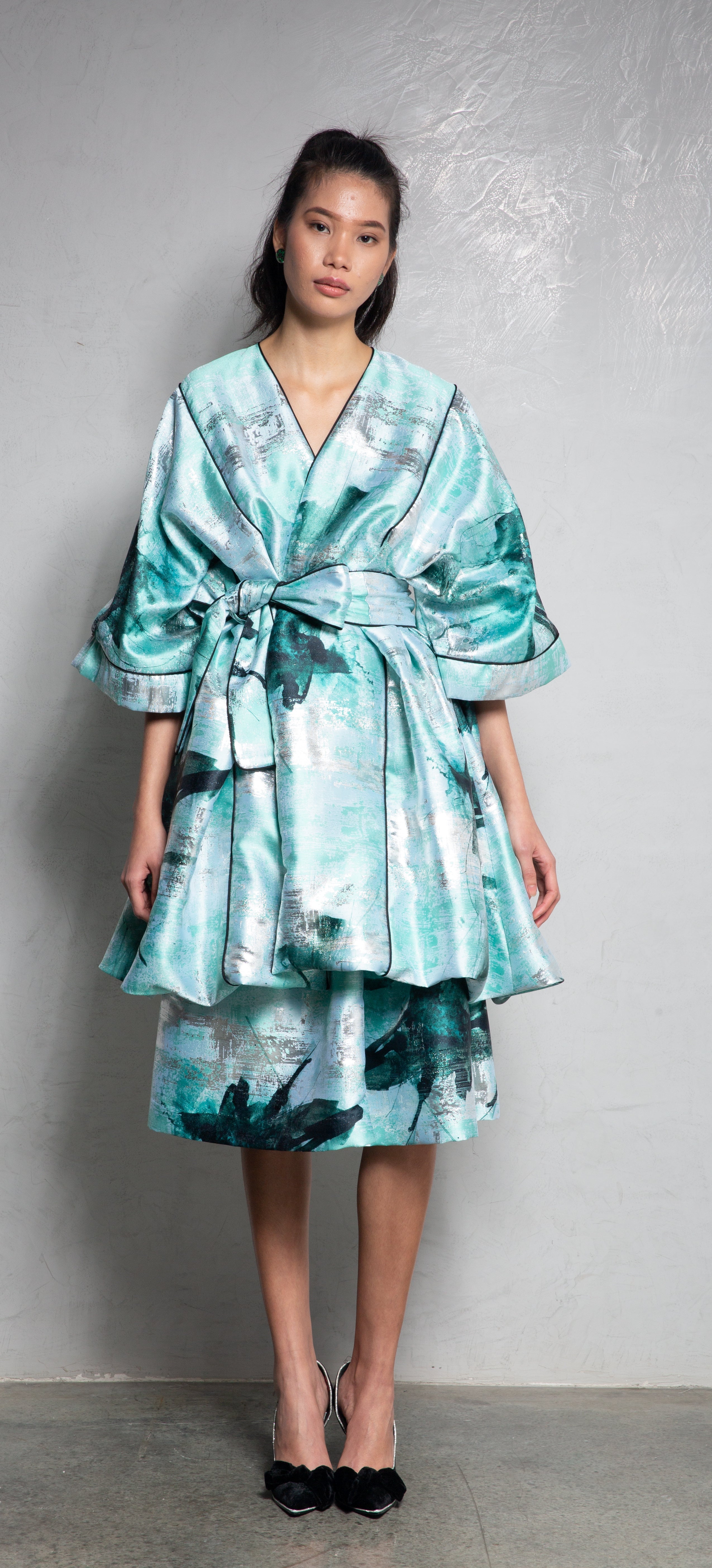 Kimono Bouffant Silk Short Kaftan - Mint Green