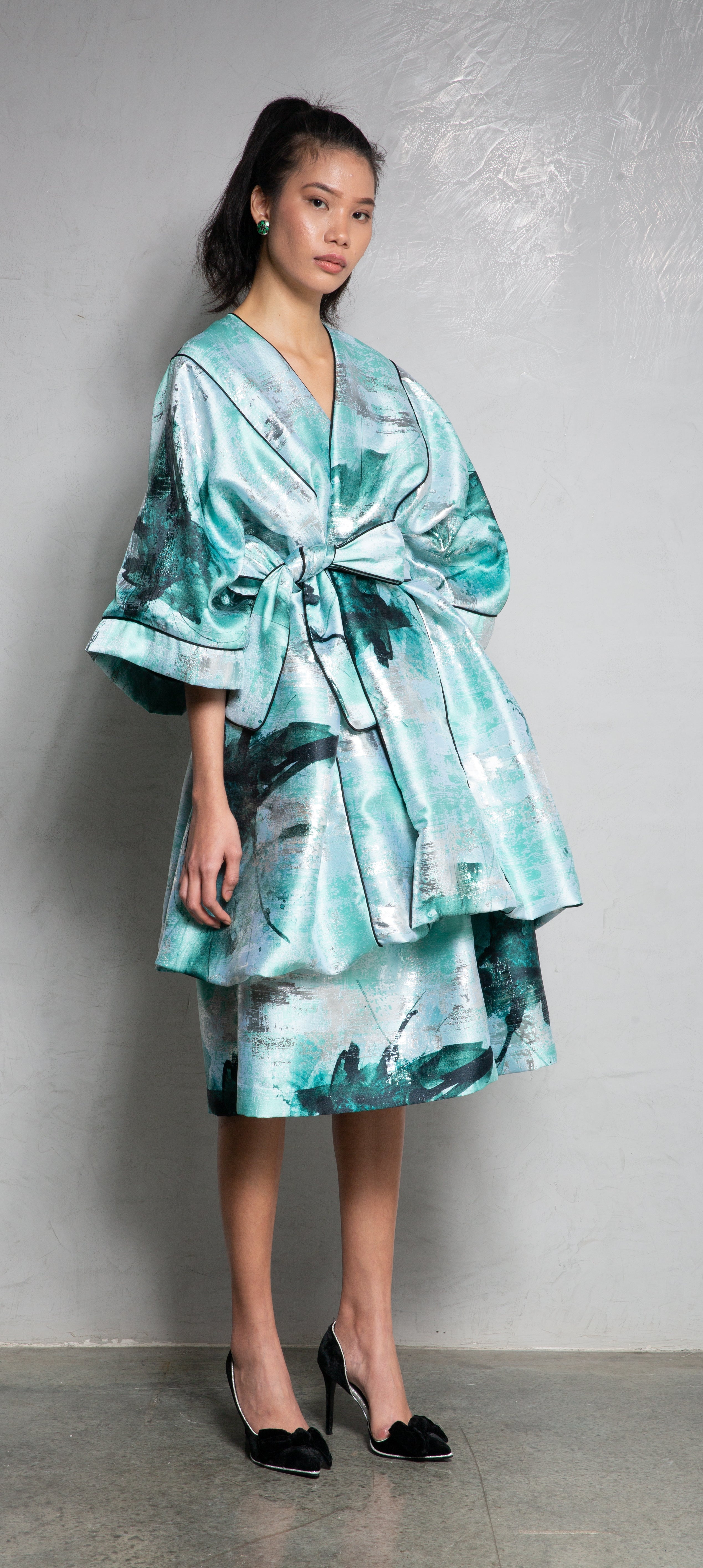 Kimono Bouffant Silk Short Kaftan - Mint Green