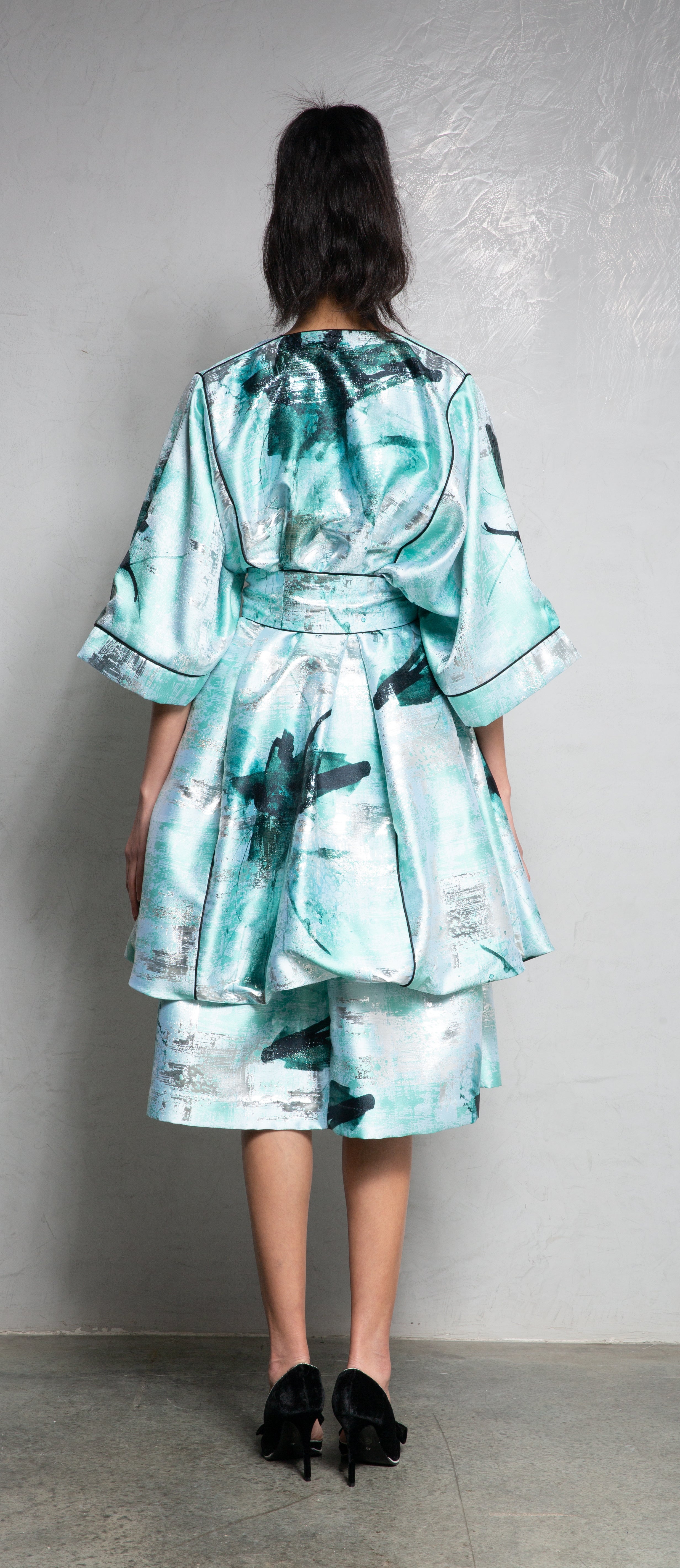 Kimono Bouffant Silk Short Kaftan - Mint Green