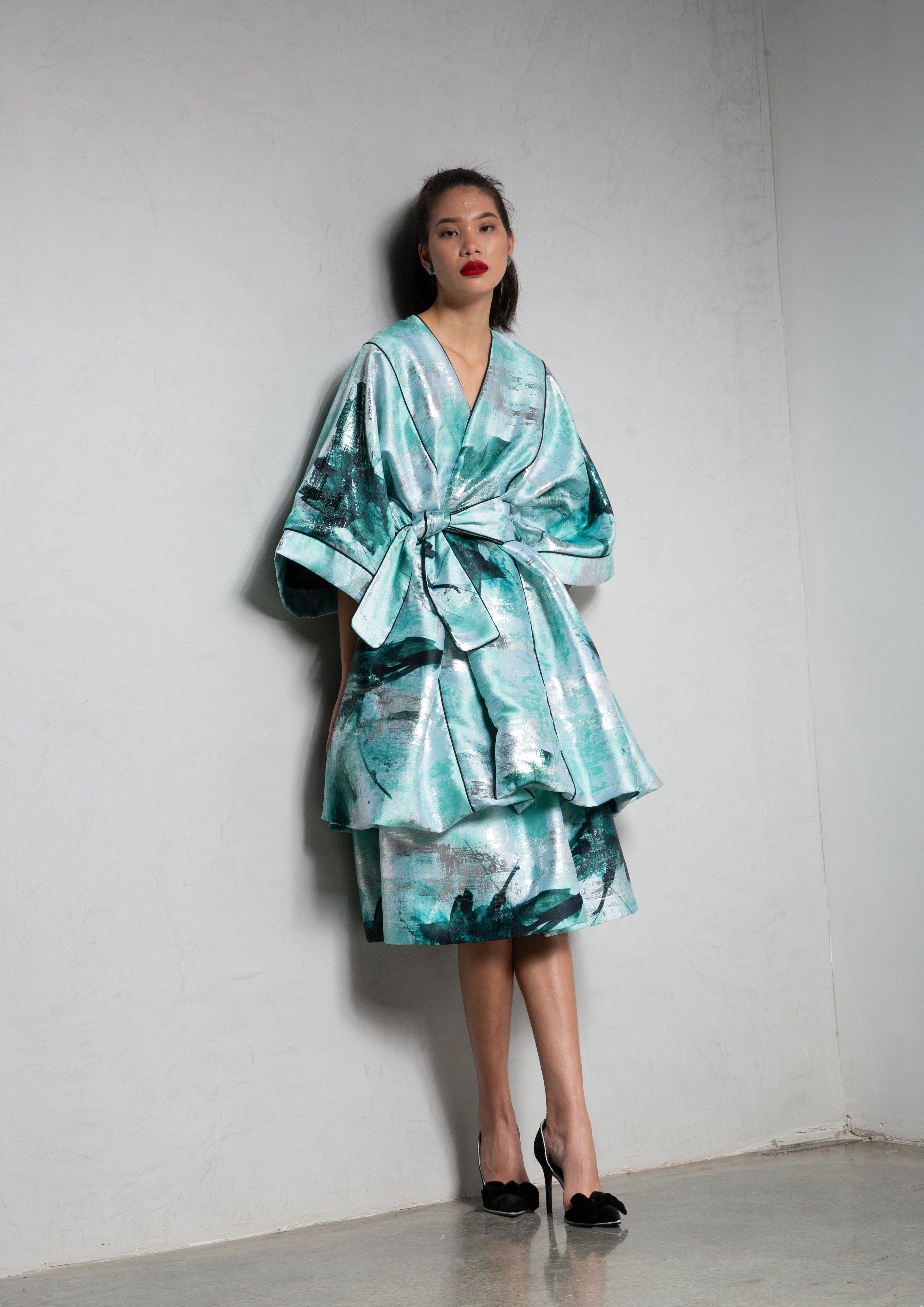 Kimono Bouffant Silk Short Kaftan - Mint Green
