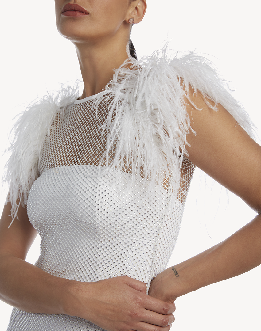 Crystal Sleeveless Feather-Trimmed Mini Dress