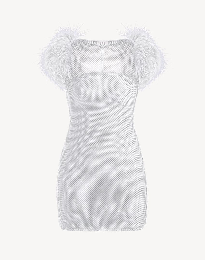 Crystal Sleeveless Feather-Trimmed Mini Dress