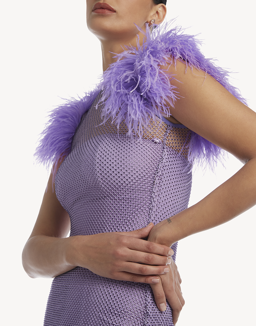 Crystal Sleeveless Feather-Trimmed Mini Dress