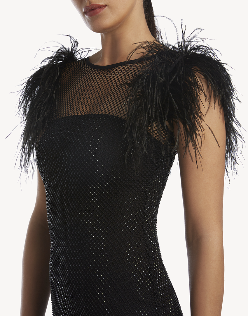 Crystal Sleeveless Feather-Trimmed Mini Dress