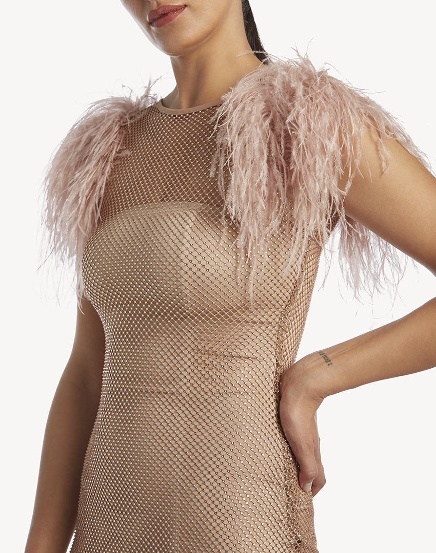 Crystal Sleeveless Feather-Trimmed Mini Dress