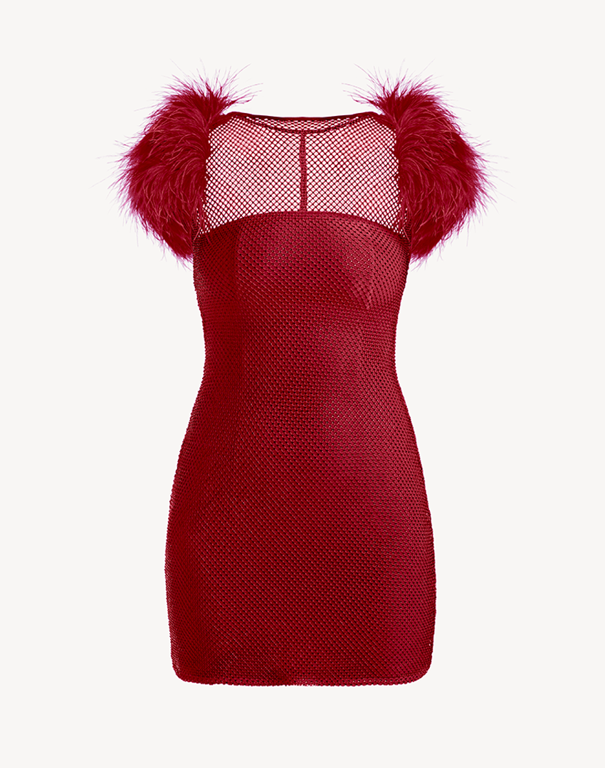Crystal Sleeveless Feather-Trimmed Mini Dress