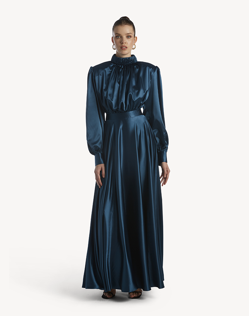 Satin High Pleated Neck Maxi Dress