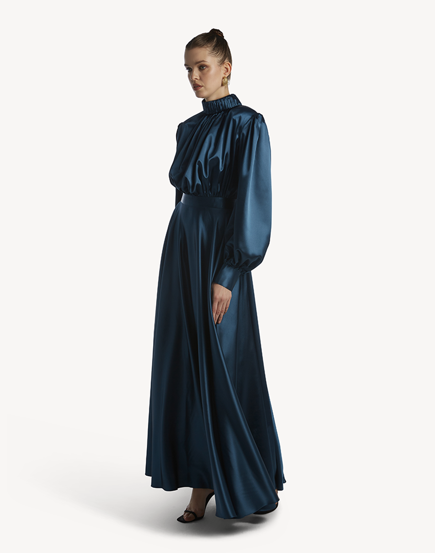 Satin High Pleated Neck Maxi Dress
