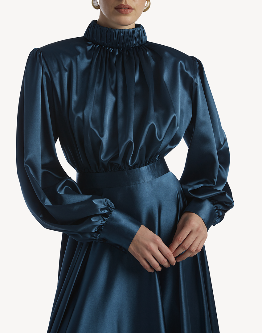 Satin High Pleated Neck Maxi Dress