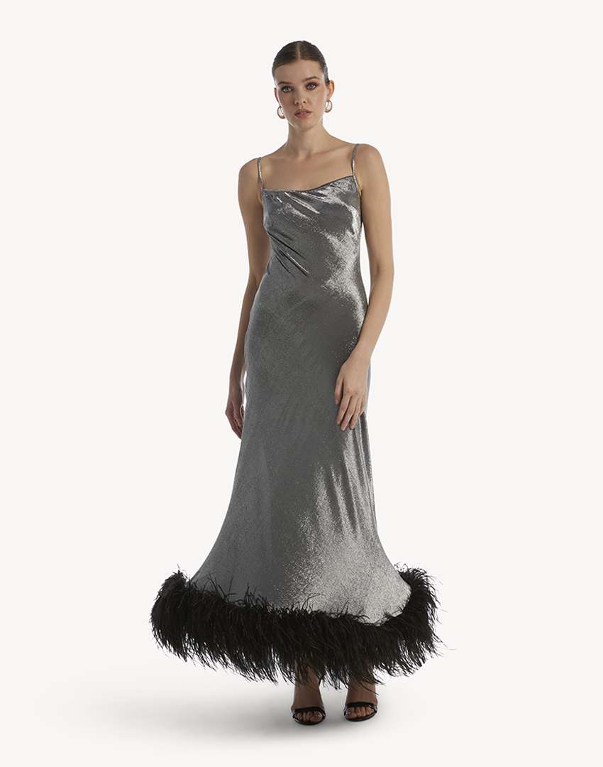The Glow Metallic Feather-Trimmed Dress