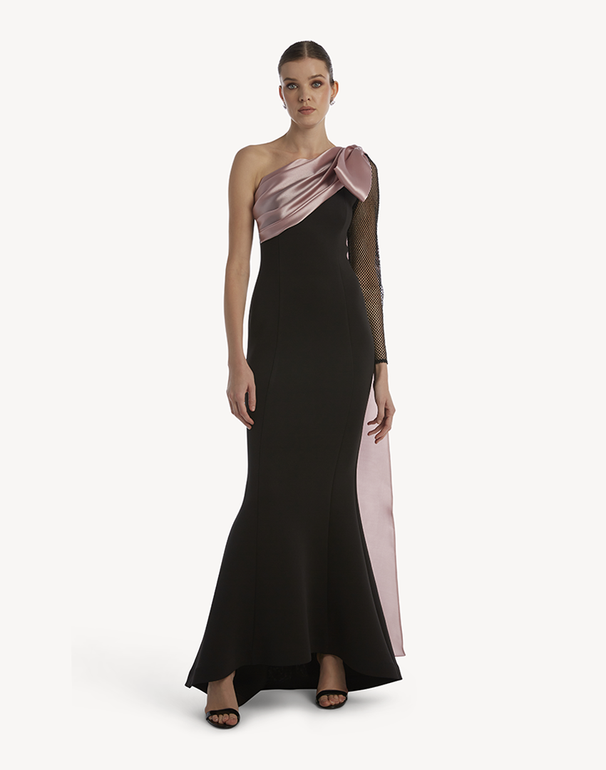 "Essence" One Shoulder Crystal Sleeve Gown