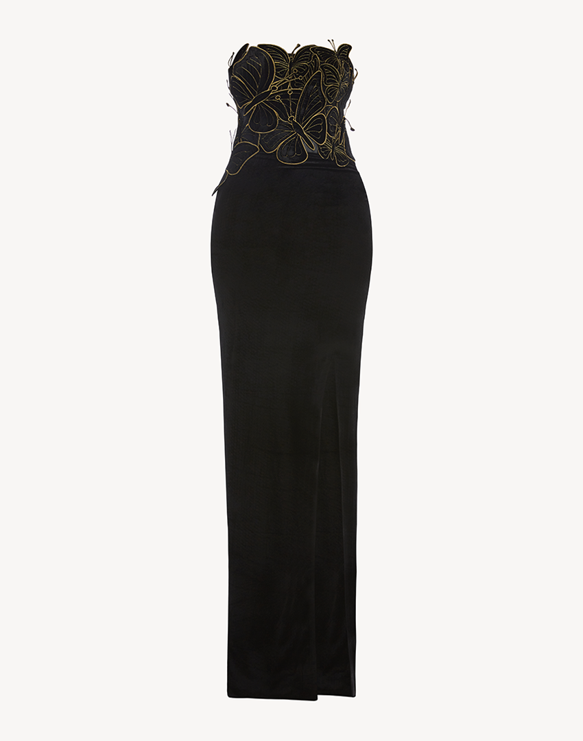 Velvet Butterfly Appliqué Corset Gown
