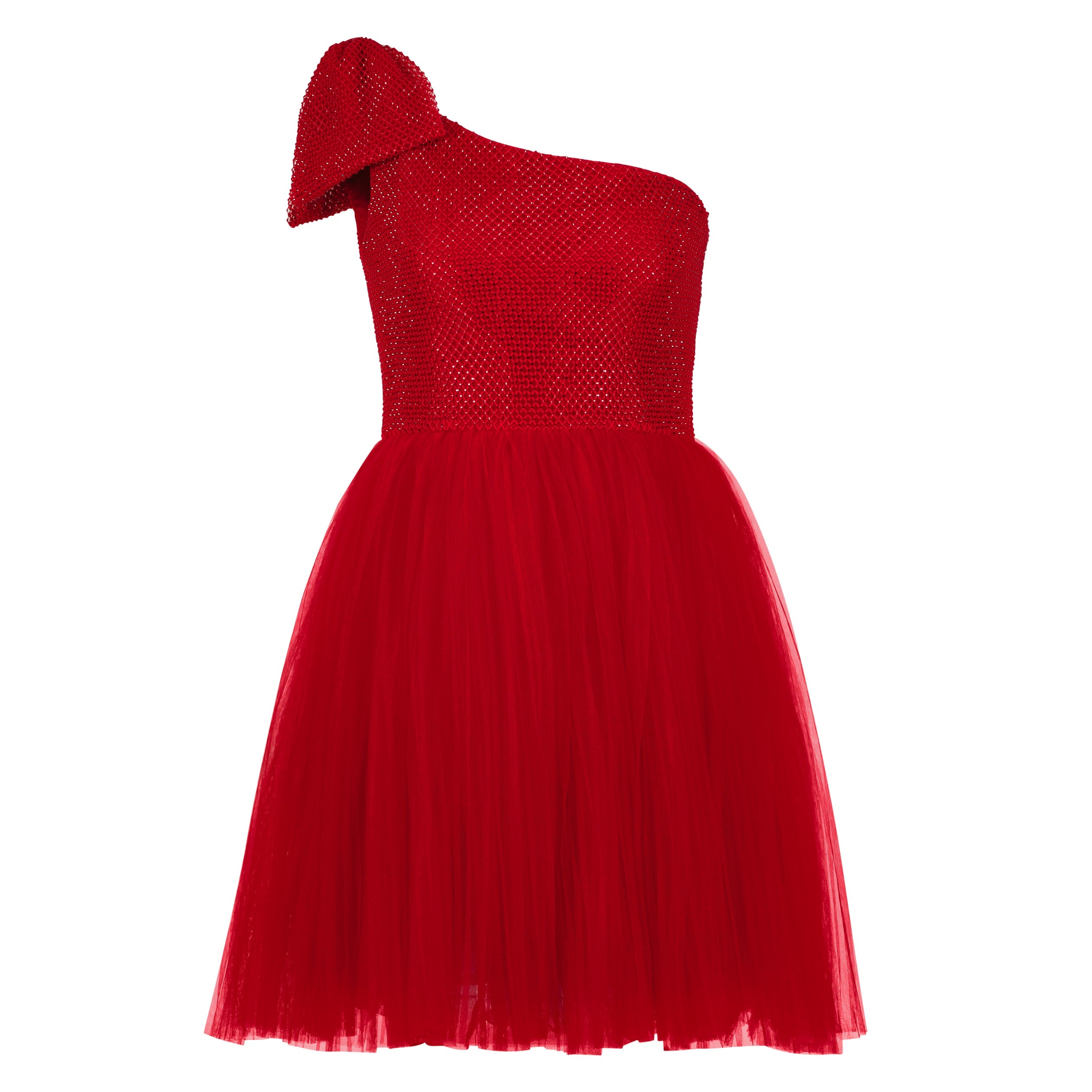 One-Shoulder Bow Crystal Embellished Mini Dress