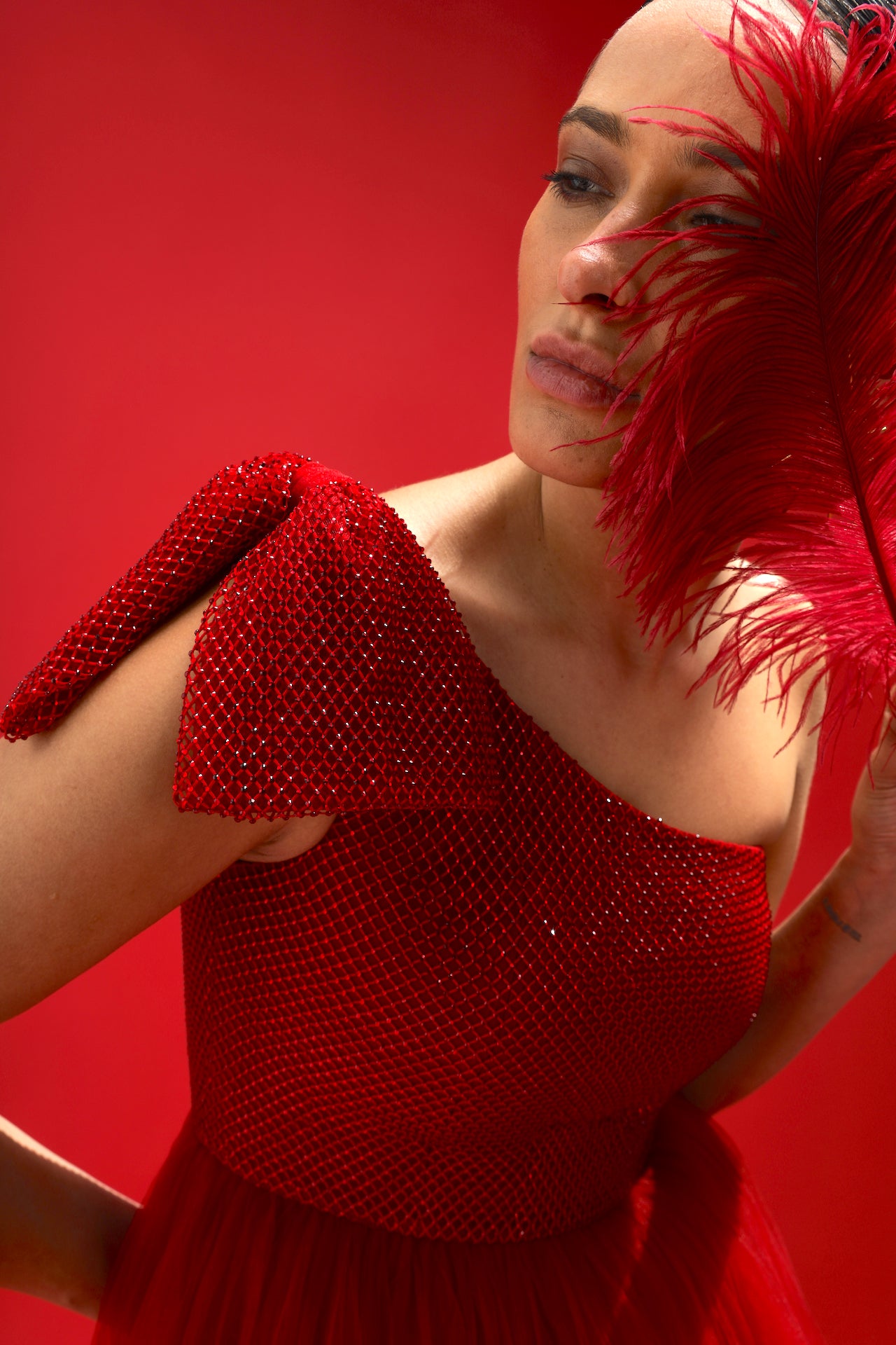 One-Shoulder Bow Crystal Embellished Mini Dress