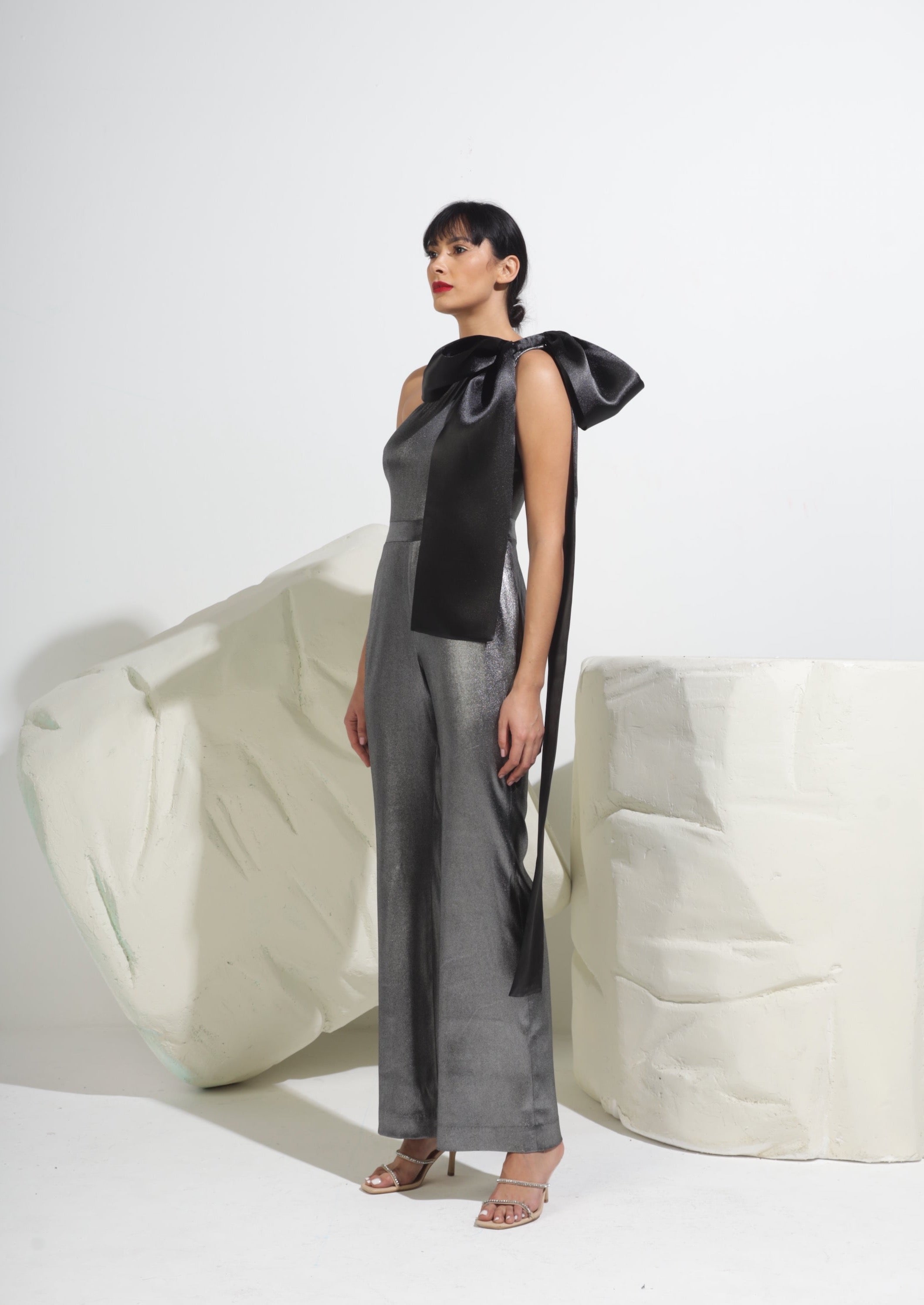One-Shoulder Bow Metallic Jumpsuit