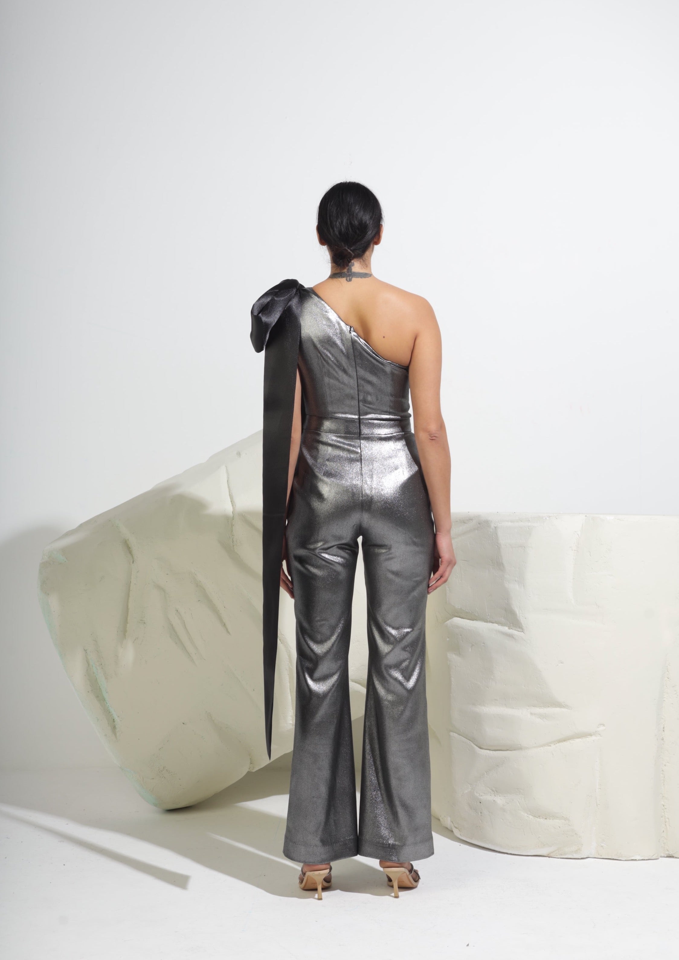 One-Shoulder Bow Metallic Jumpsuit