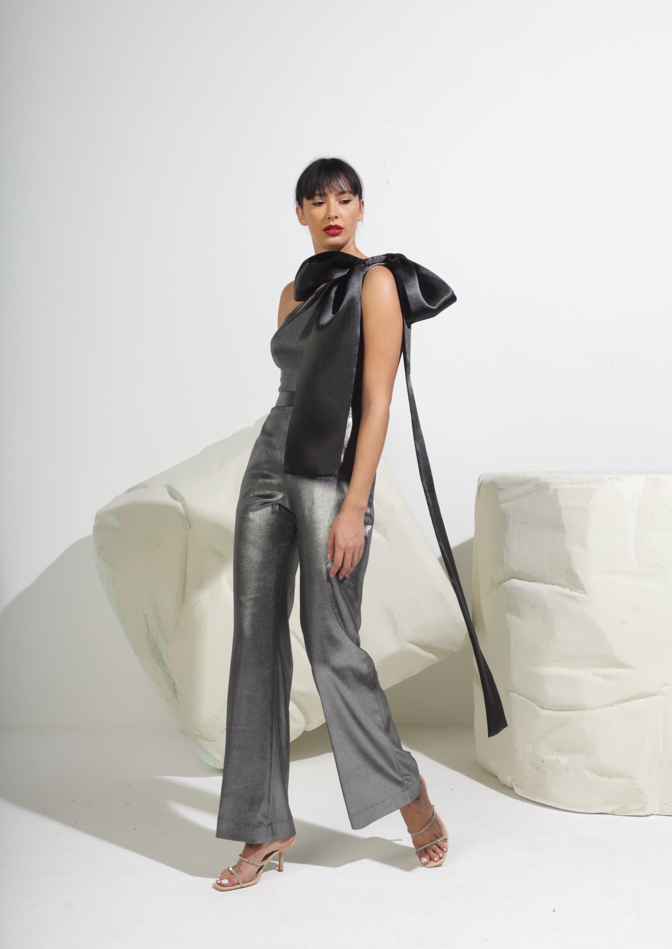 One-Shoulder Bow Metallic Jumpsuit
