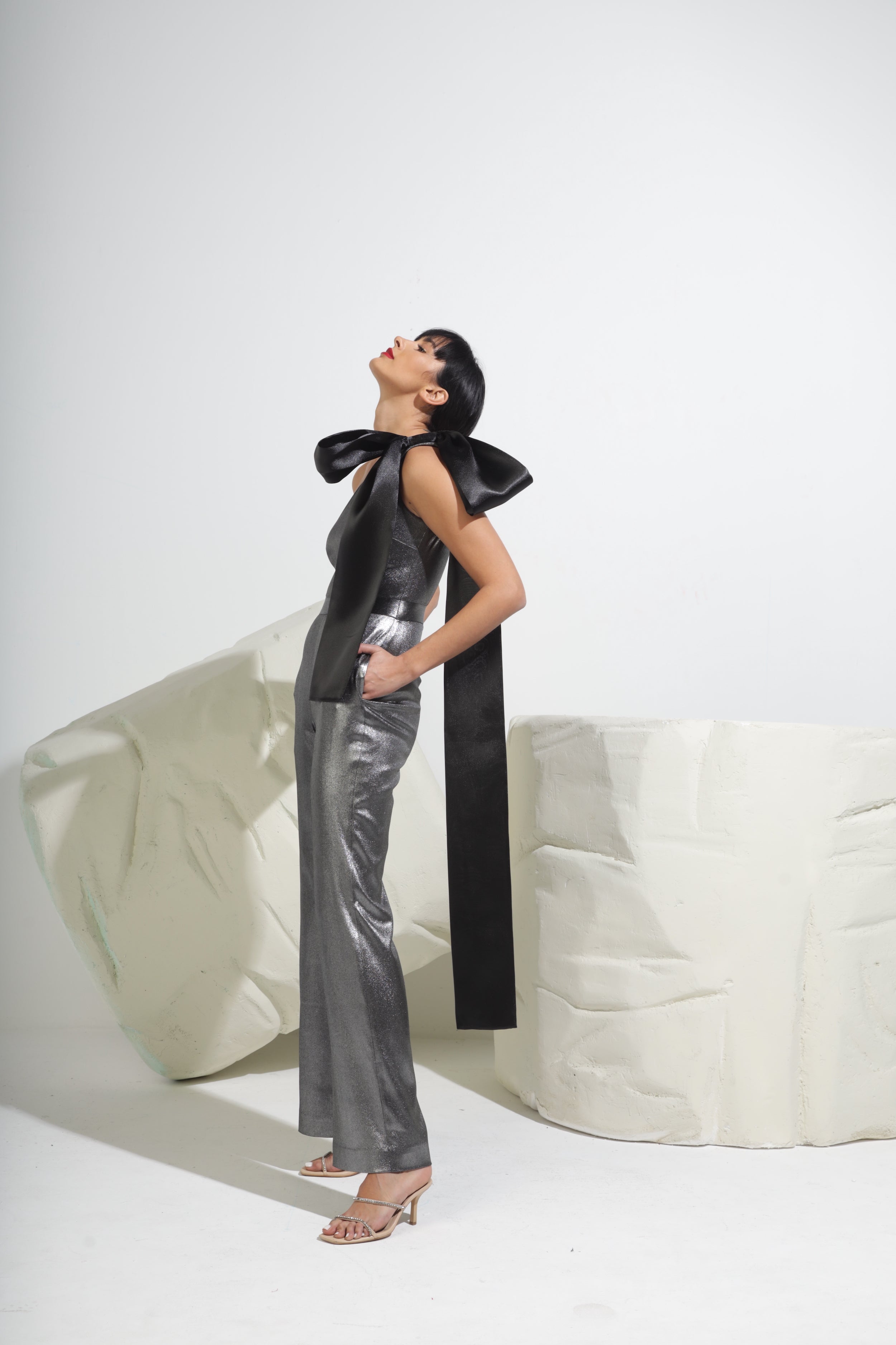 One-Shoulder Bow Metallic Jumpsuit