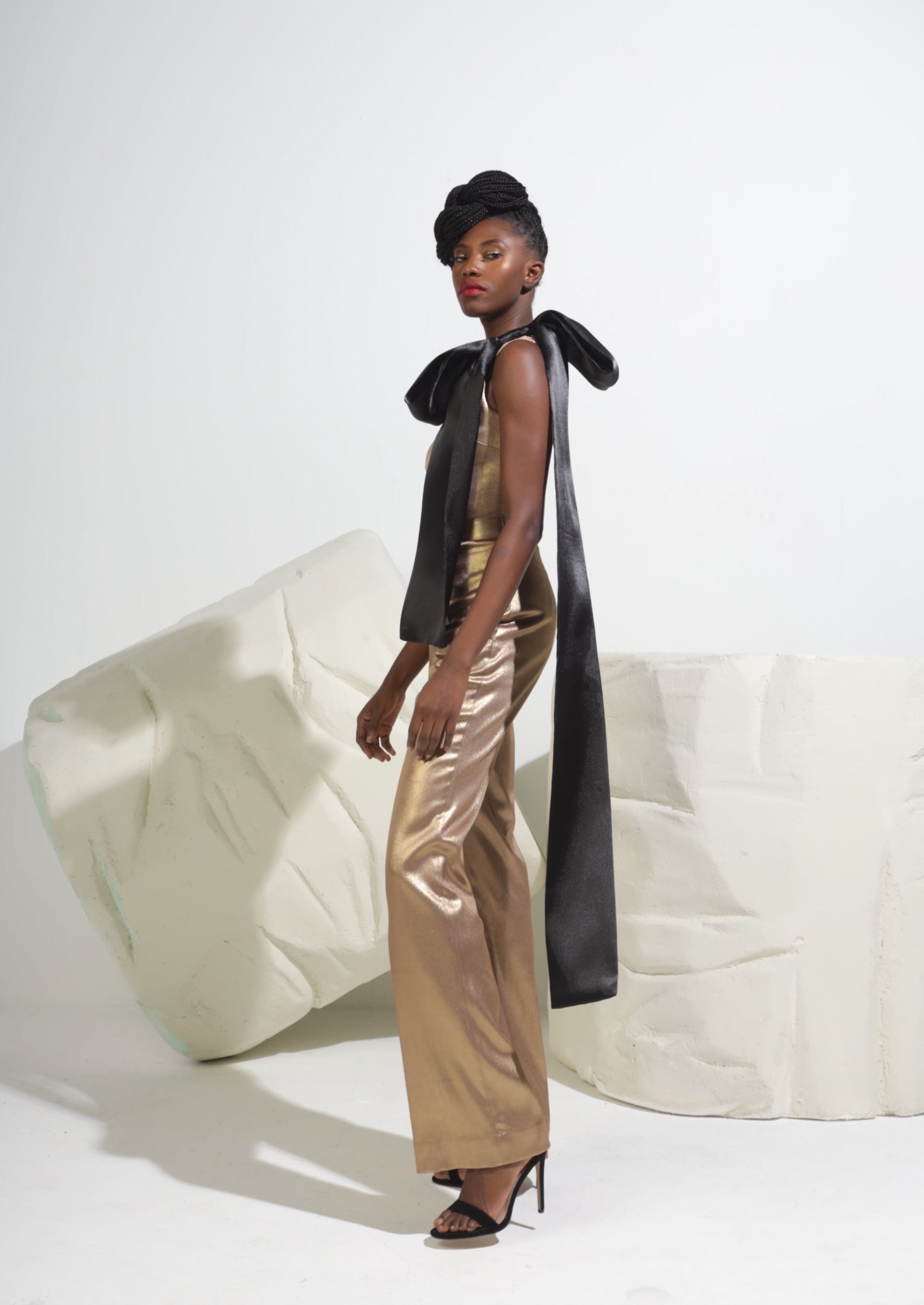 One-Shoulder Bow Metallic Jumpsuit