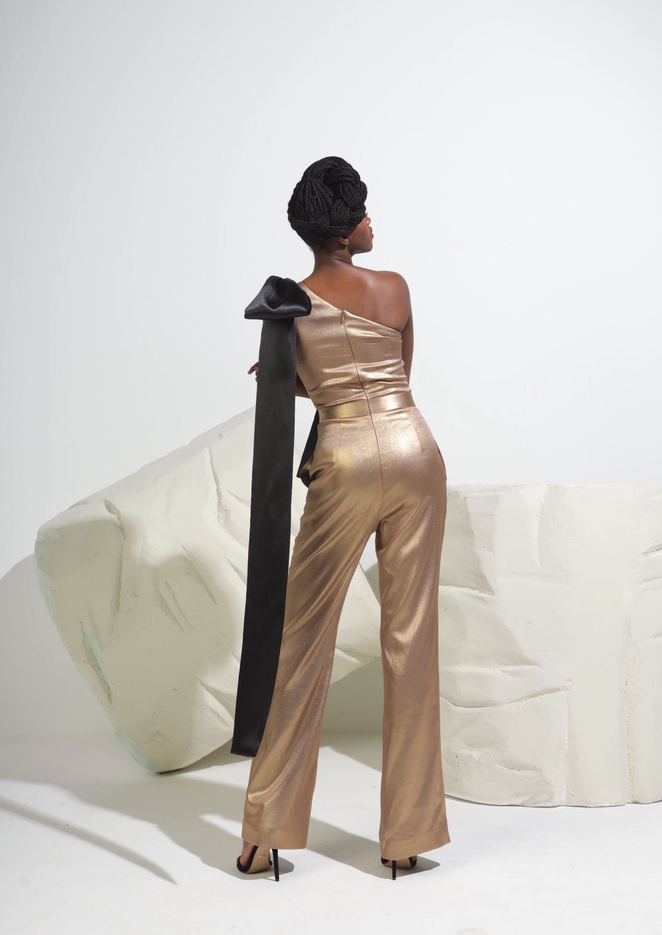 One-Shoulder Bow Metallic Jumpsuit