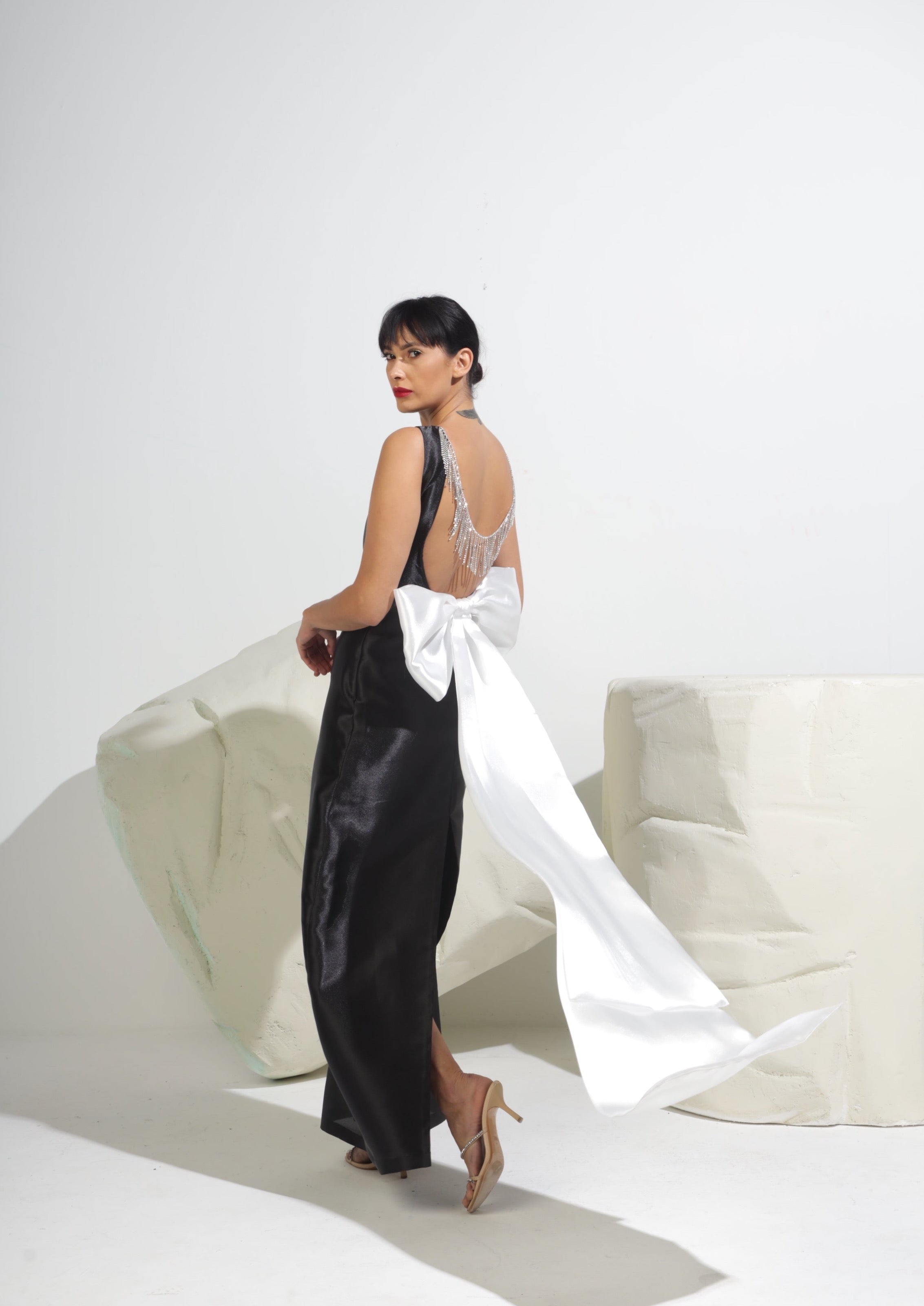 Oversized Bow Backless Crystal Dress