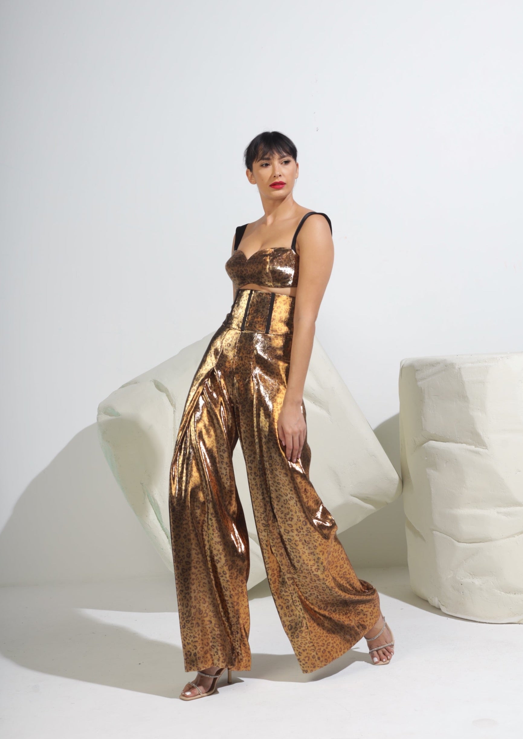 Leopard Print Corset Wide-Leg Trousers - Metallic Gold