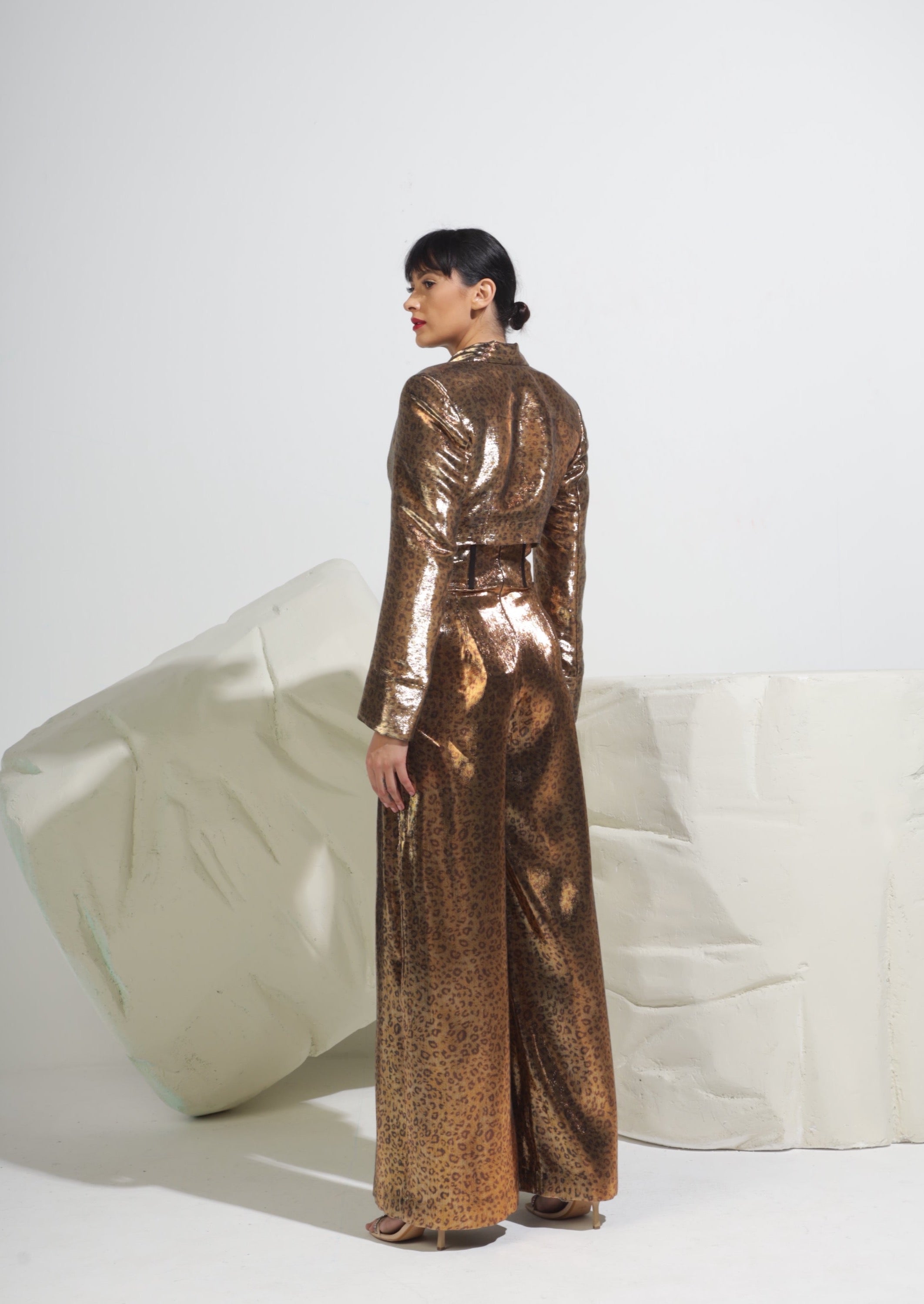 Leopard Print Corset Wide-Leg Trousers - Metallic Gold