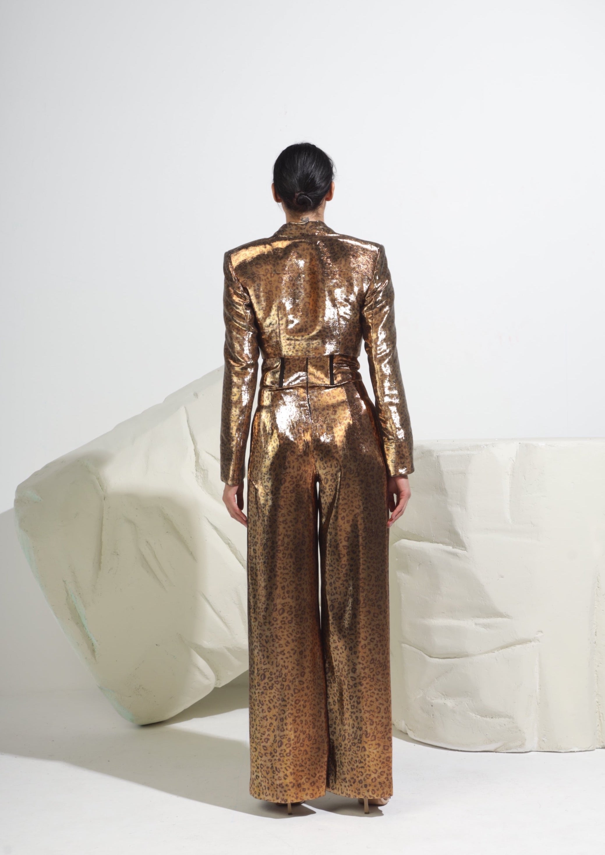 Leopard Print Crop Blazer - Metallic Gold