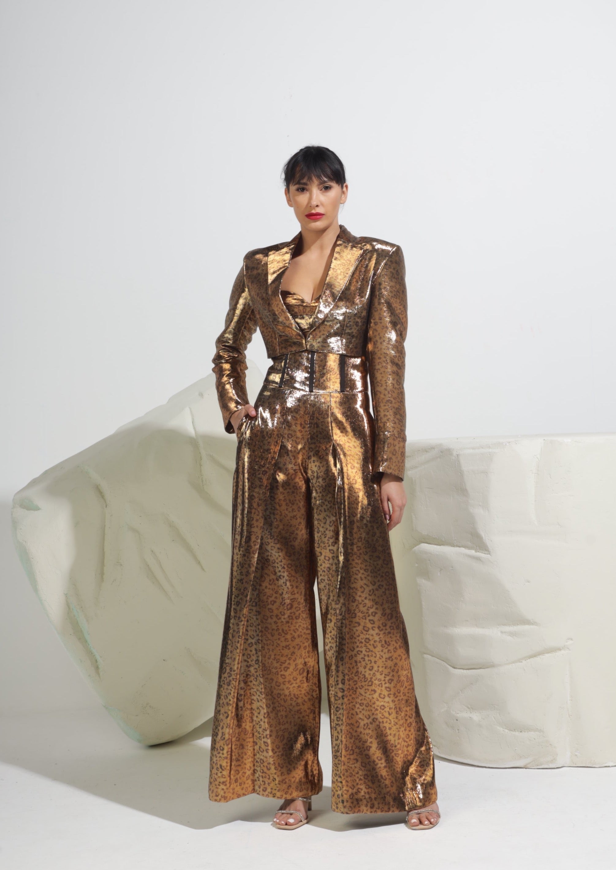 Leopard Print Corset Wide-Leg Trousers - Metallic Gold