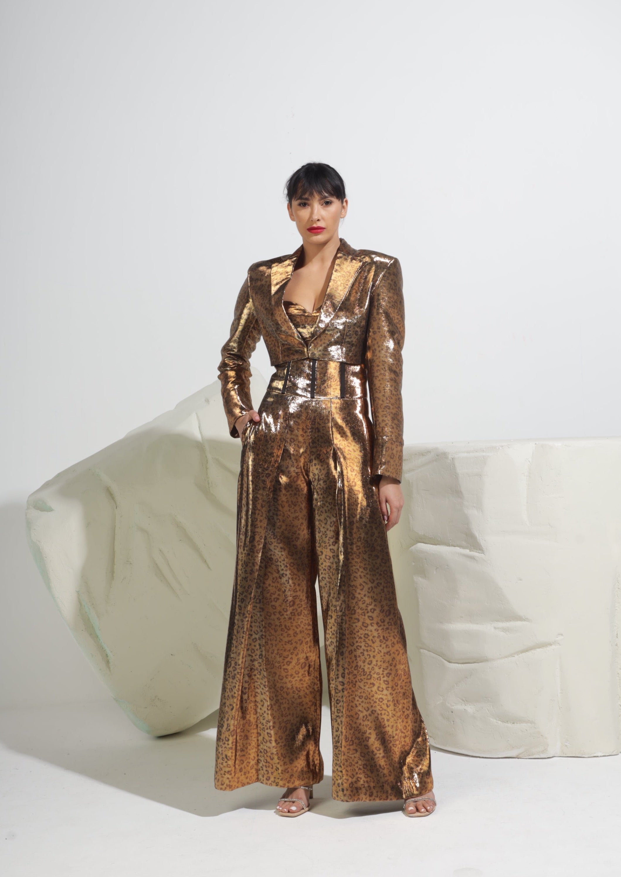 Leopard Print Crop Blazer - Metallic Gold