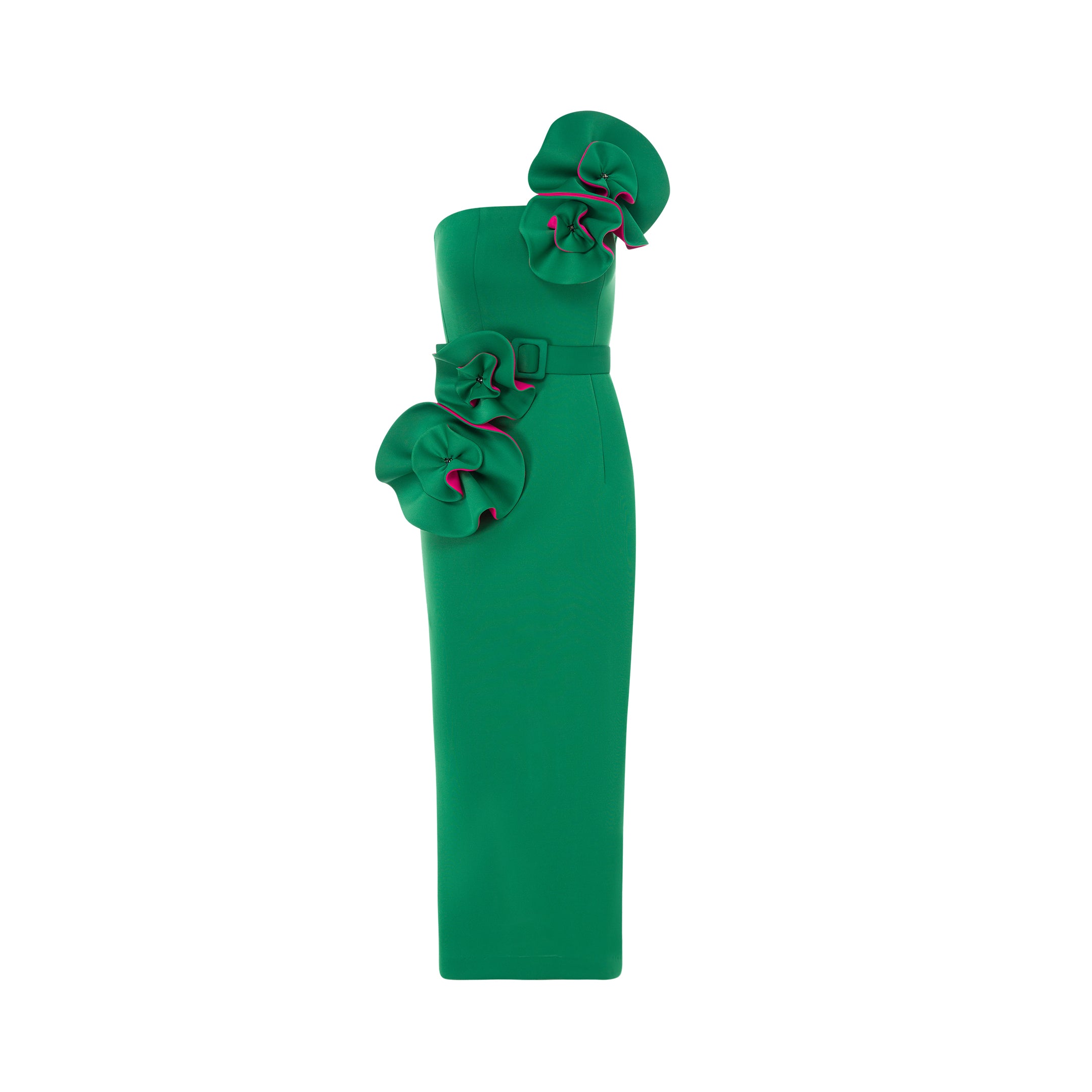 Floral Appliqué Belted Pencil Midi Dress - Green