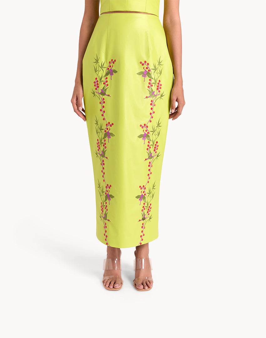 Pencil Leather Embroidered Skirt - Neon Green