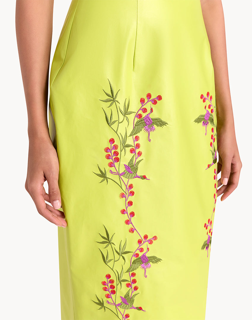 Pencil Leather Embroidered Skirt - Neon Green