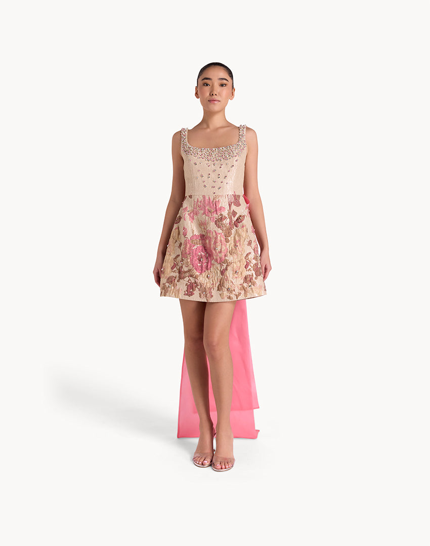 Brocade Crystal Embellished Mini Back Bow Dress