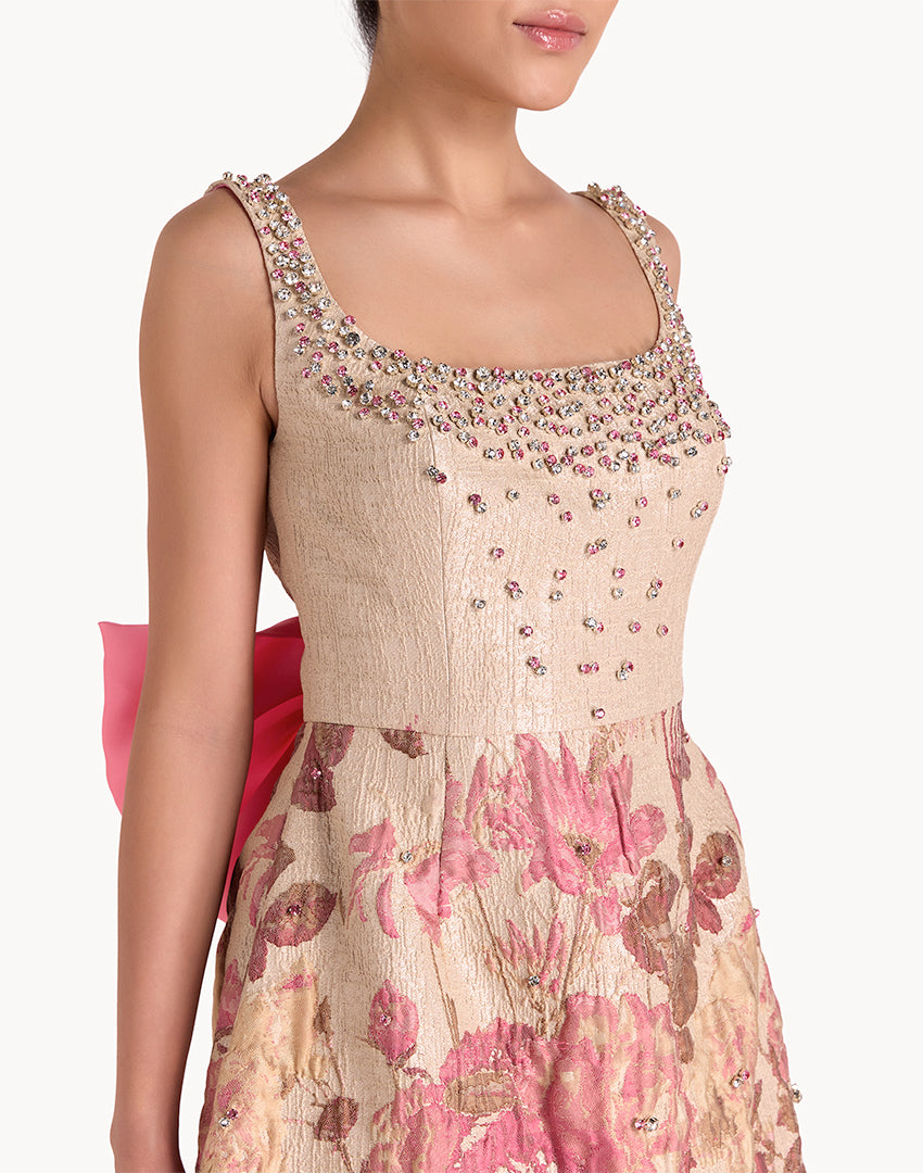 Brocade Crystal Embellished Mini Back Bow Dress - Pink